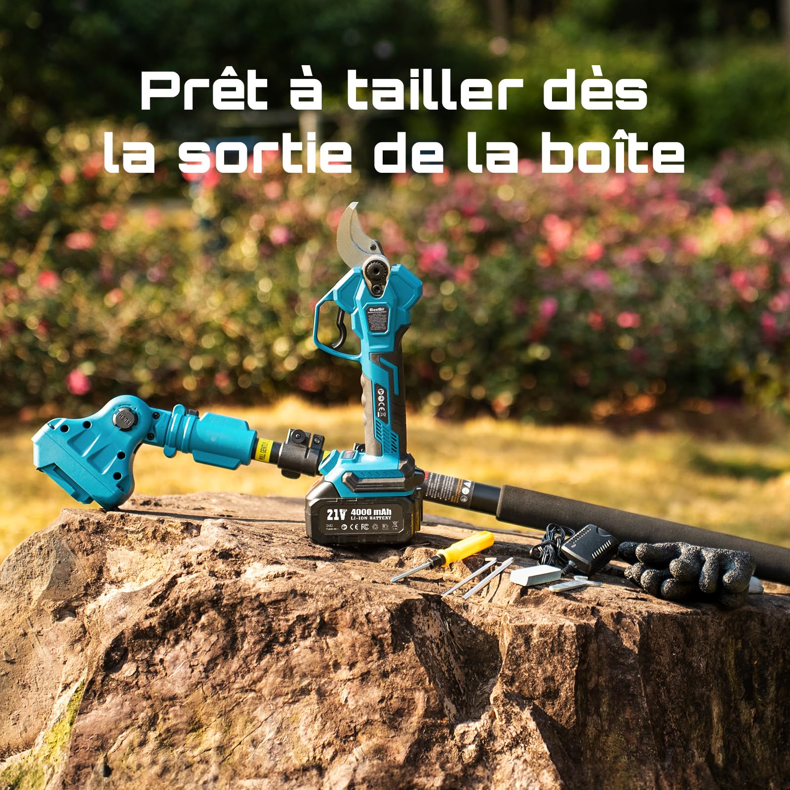 SEESII Sécateur Électrique Avec Perche, 2-en-1 Secateur Electrique Sans Fil Télescopique, Hauteur de Travail Jusqu’à 4,5 m (Base 1,8 m), Coupe 40 mm, 2× 4,0Ah Batteries, Lame SK5, Jardin/Arbres/Fleurs