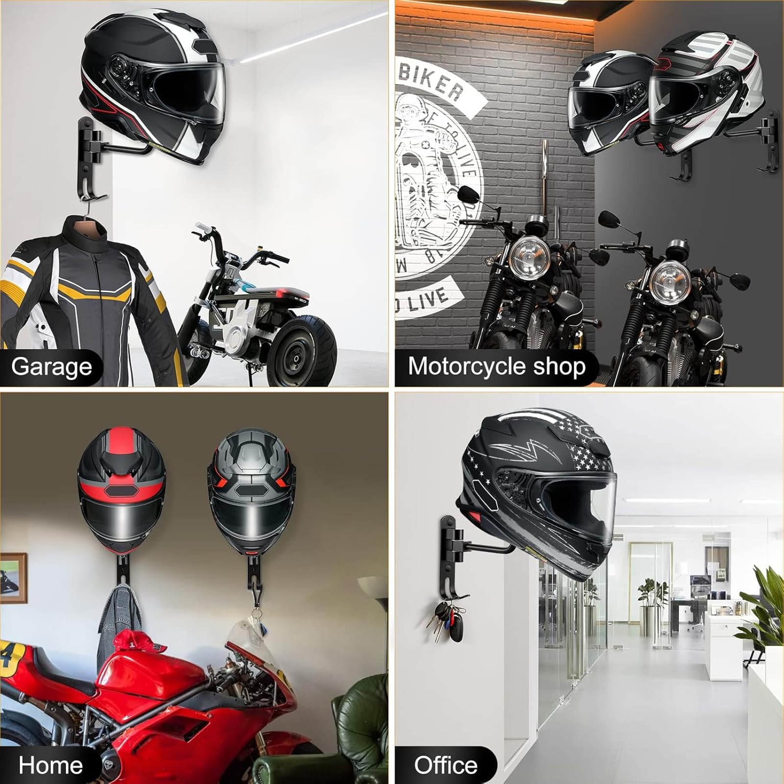 2 Pièces Support Mural Casque Moto Polyvalent, Sphérique Porte de Casque Mural de Rotation 180° avec Crochet, Accessoire Moto pour Accrocher Chapeaux, Manteaux et Clés, Noir
