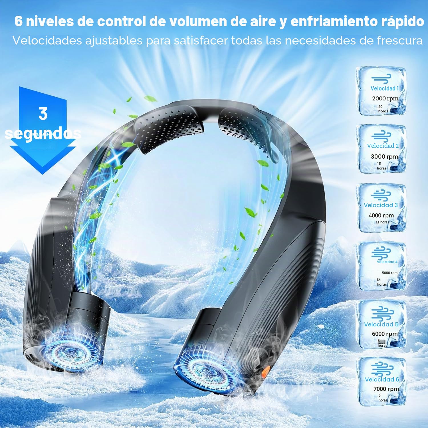 8000mAh Ventilador de Cuello, Ventilador Cuello Sin Aspas Portátil, USB Recargable Máx 20H, 6 Velocidades, Mini Cuello Ventilador, para Coche Deporte Oficina Hogar Viajar Acampar (Negro)