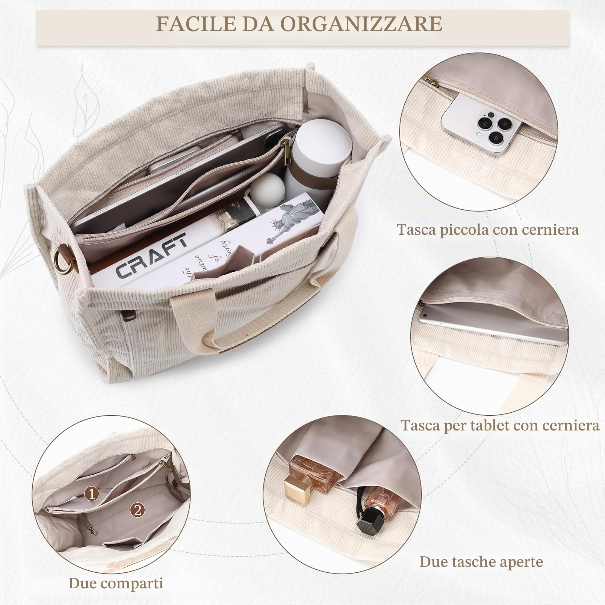 VASCHY Borsa Tote Università Donna, Elegante Borsa Tracolla per Shopping, Viaggio, Lavoro, Ufficio e Scuola