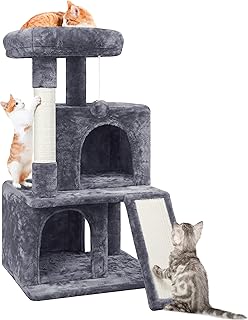 Yaheetech Kratzbaum, Stabiler Katzenbaum 91 cm Katzenkratzbaum, mit 2 Häuschen Sisal und Spielball, Spielbaum für Katzen, Dunkelgrau product image