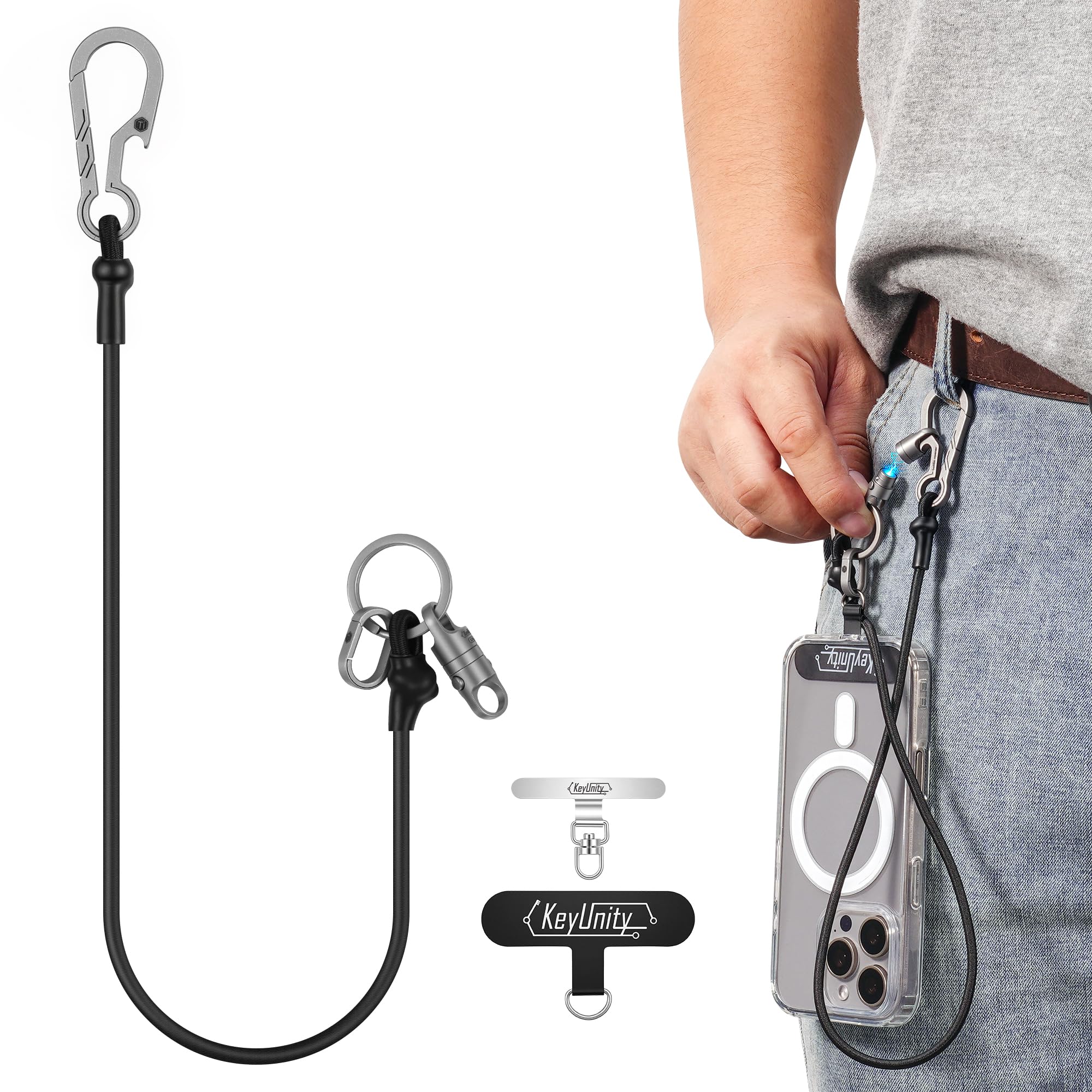 KeyUnity KC08 Cordino elastico magnetico multifunzionale, anello rapido in titanio, Chiusura magnetica, apribottiglie, estensibile fino a 120 cm, ideale per cellulare, chiavi, accessori da pesca