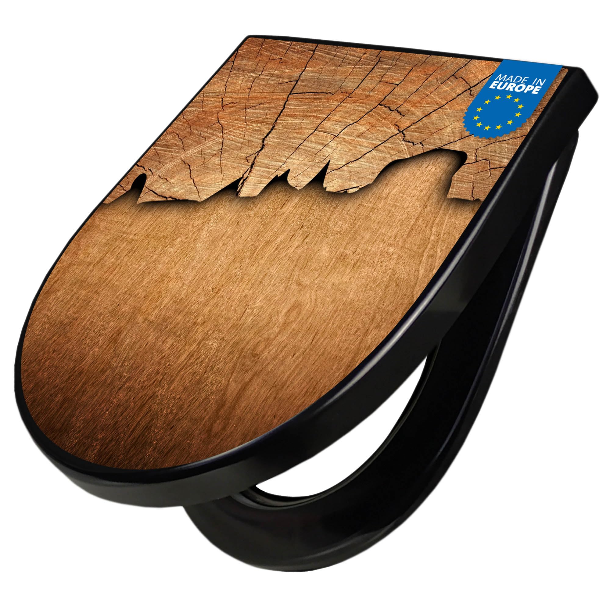 banjado WC Sitz mit Absenkautomatik D Form - Toilettendeckel mit Absenkautomatik D Form - Klodeckel Softclose - stabile Klobrille - Toilettensitz Schwarz - Motiv Holz