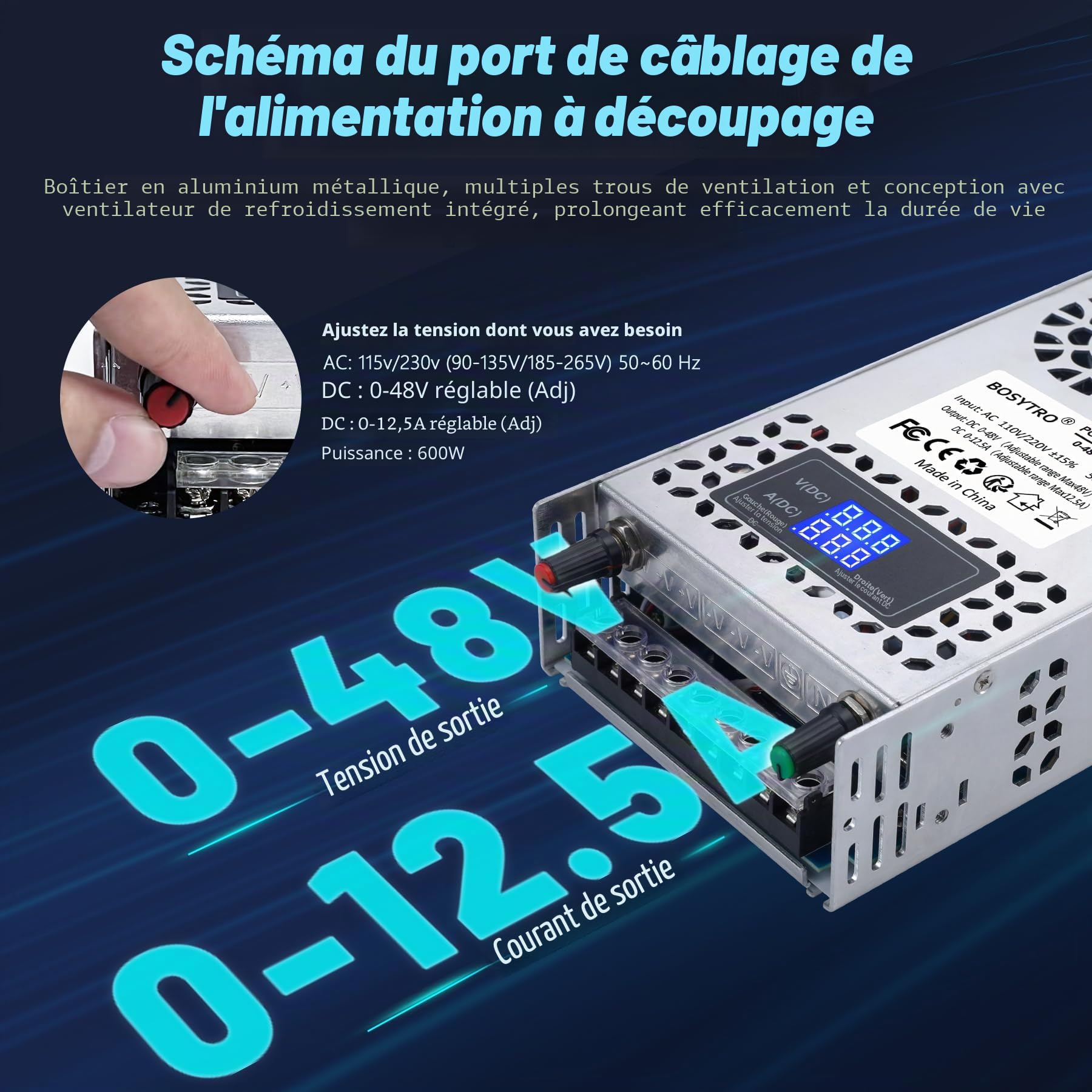 Transformateur d'alimentation À Découpage Réglable AC110/220V (SMPS) DC 0-48V 0-12.5A 600W Alimentation à découpage régulée avec Affichage Numérique pour les moteurs de contrôle de vitesse DC