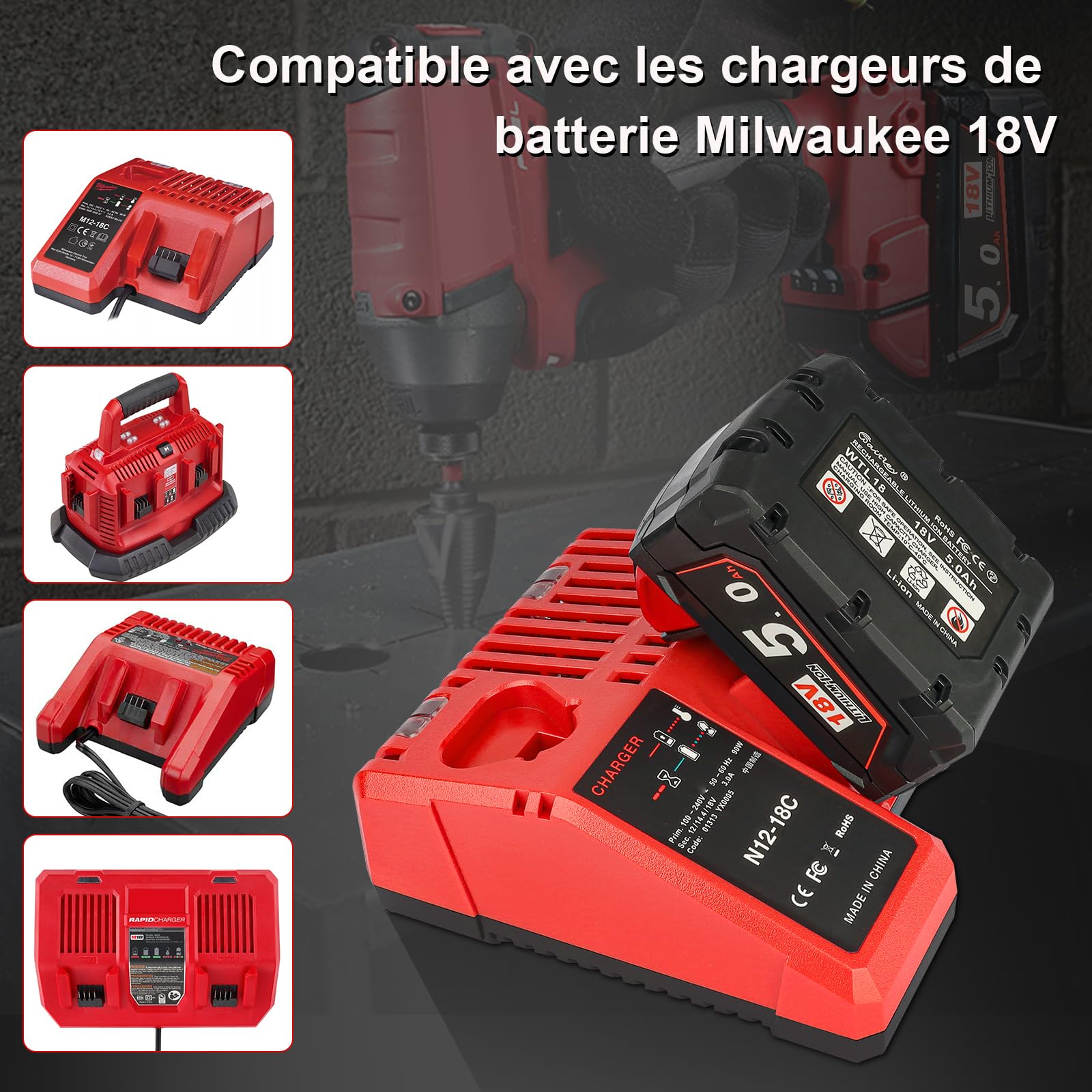 Waitley M18B5 5,0 Ah Batterie pour Milwaukee M18 48-11-1850 48-11-1852 48-11-1820 48-11-1828 48-11-10