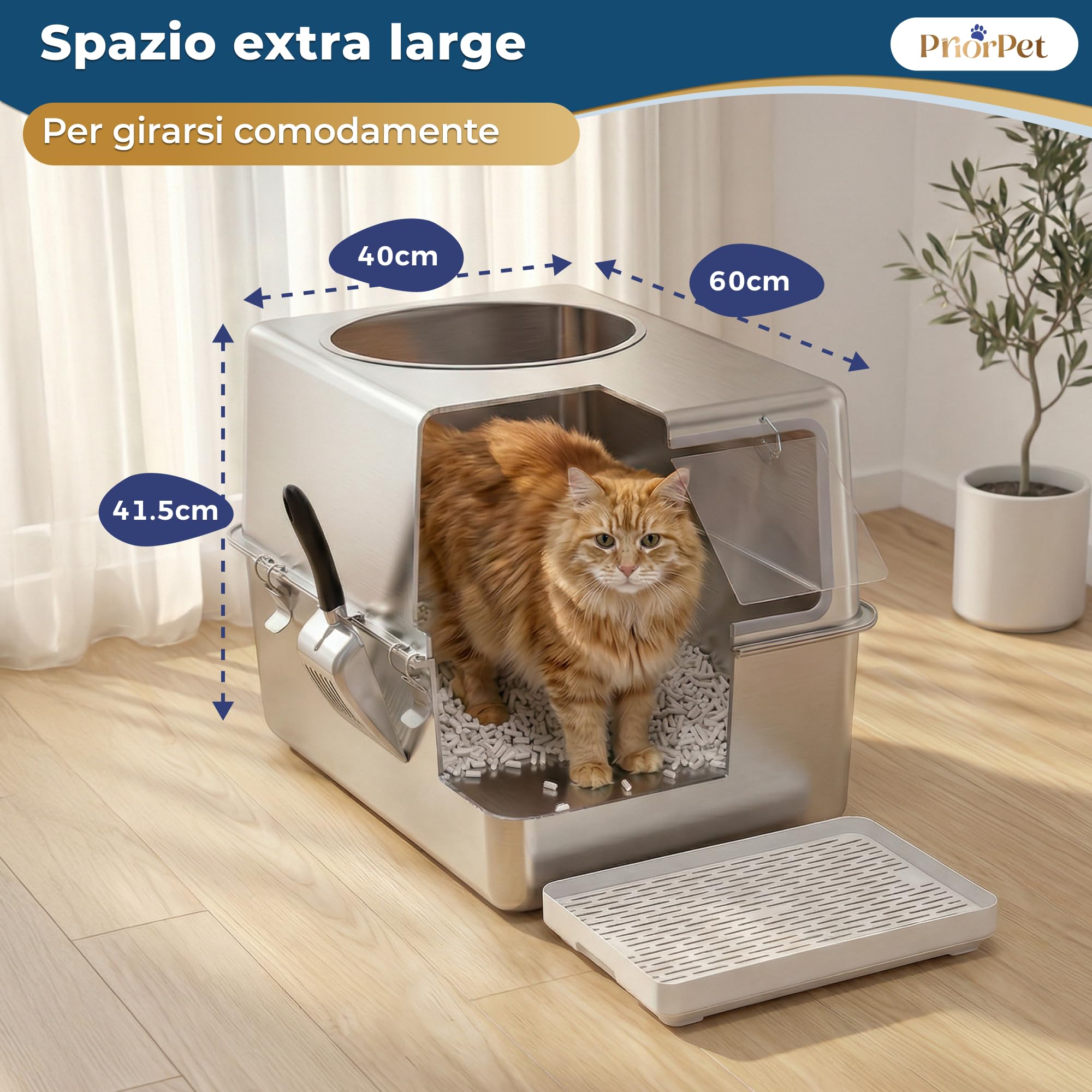 Lettiera Acciaio Inox XXL – Gatto Chiusa con Porta Frontale & Ingresso Superiore – Grande 60x41,5x40 cm – Facile da Pulire & Anti-Odore con Pedana Raccogli