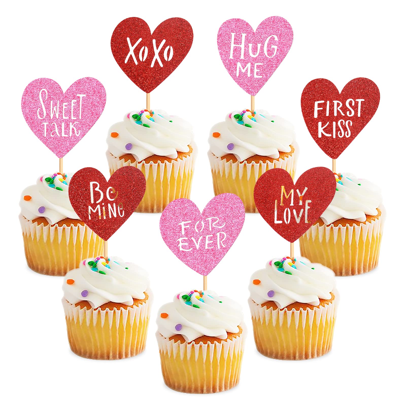 35 Pack Happy Valentine's Day Cupcake Toppers XOXO Hug Me Sweet Talk First Kiss My Love Cupcake Picks for Wedding Proposal Engagement Bridal Shower Theme Party Cake Decoration Pink+Red