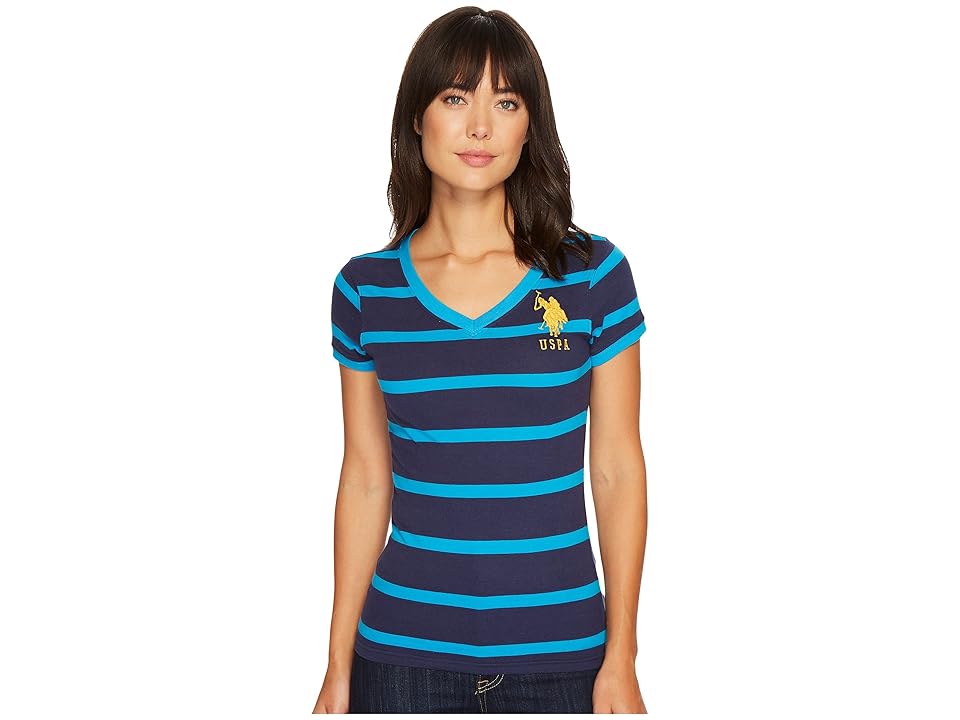 

U.S. POLO ASSN. Short Sleeve Striped V-Neck T-Shirt (Tribal Navy) Women's T Shirt