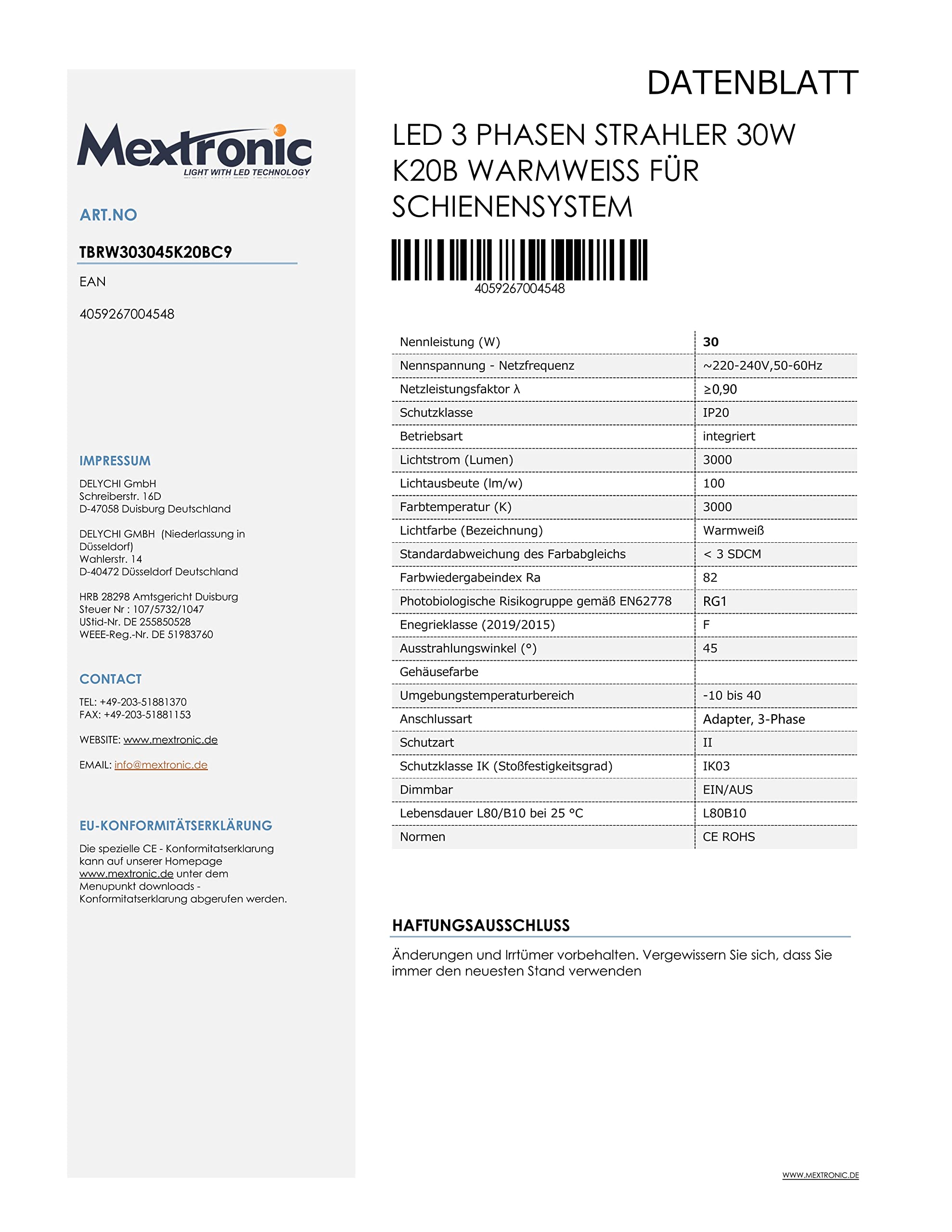 Mextronic 3-Phasen-LED-Strahler 30W Ø 96mm Schwarz Warmweiß