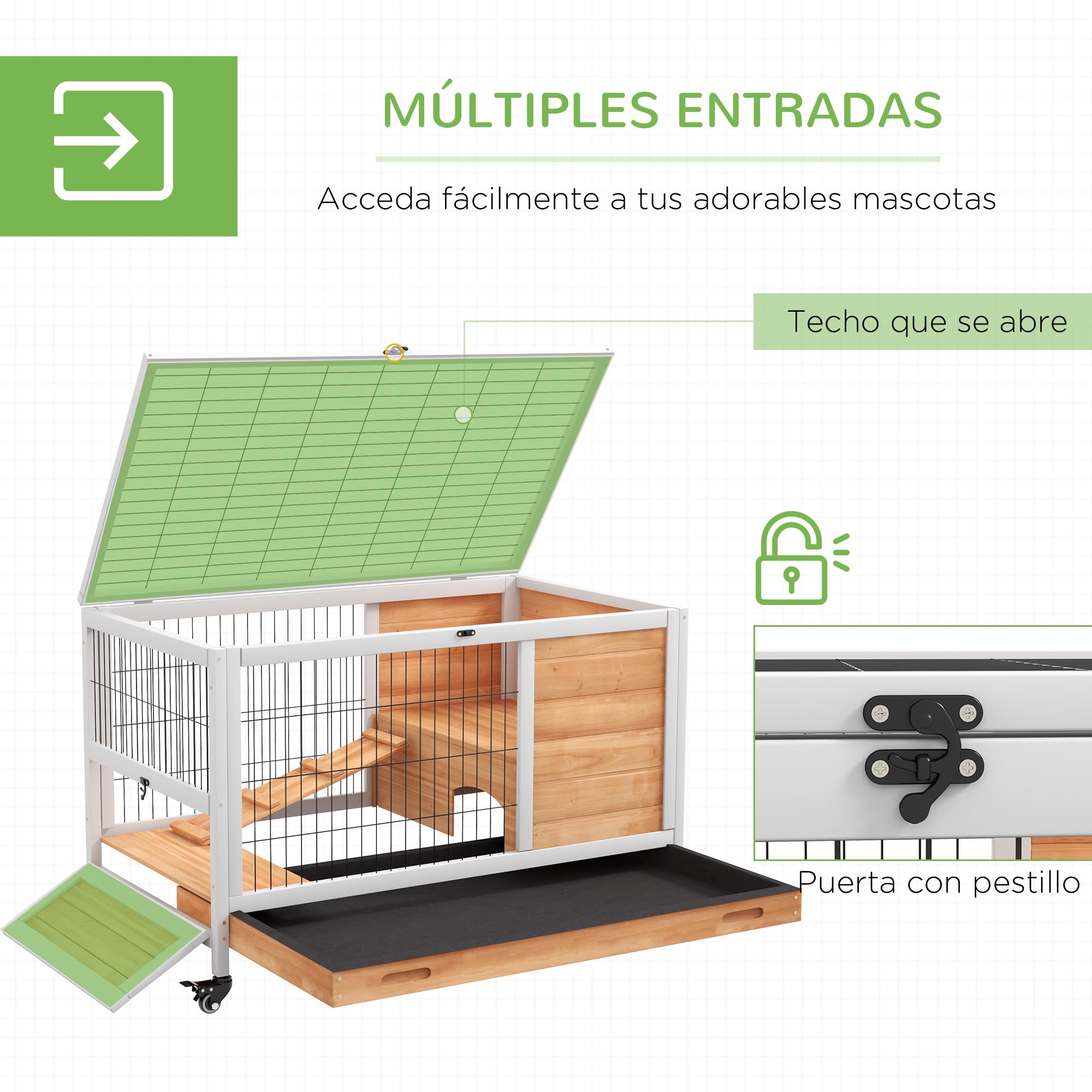 PawHut Jaula para Conejos de Madera Conejera para Mascotas Pequeñas Portátil Interior con Techo Abrible Rampa Bandeja Extraíble para Conejillos de Indias 90x53x59 cm Madera Natural