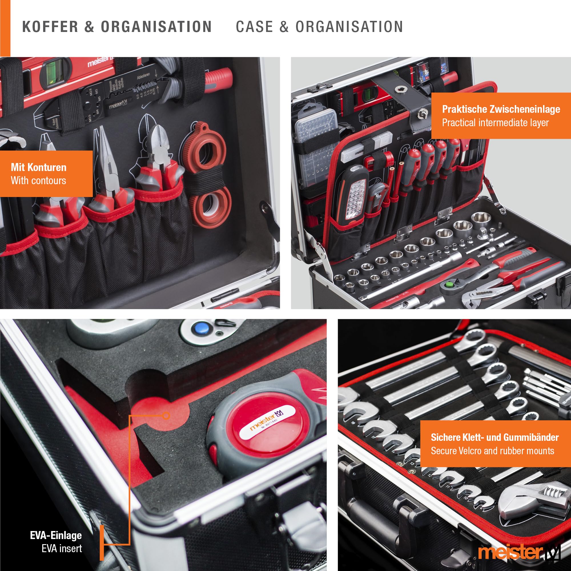 Meister Chariot à outils 230 pièces - Kit d'outils - Avec roulettes - Poignée télescopique/Mallette à outils professionnelle remplie/Caisse à outils mobile sur roulettes/Boîte à outils complète