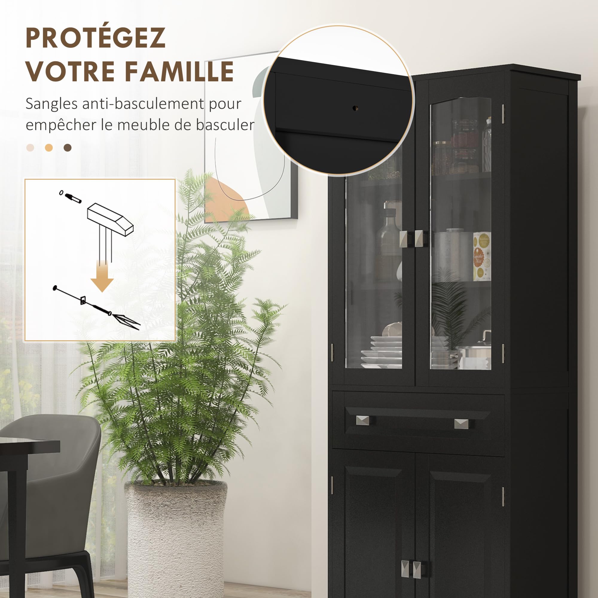 HOMCOM Armoire de Cuisine Buffet Haut 160 cm Noir | 4 Portes dont 2 Portes Vitrées, 1 Tiroir, Étagères Réglables