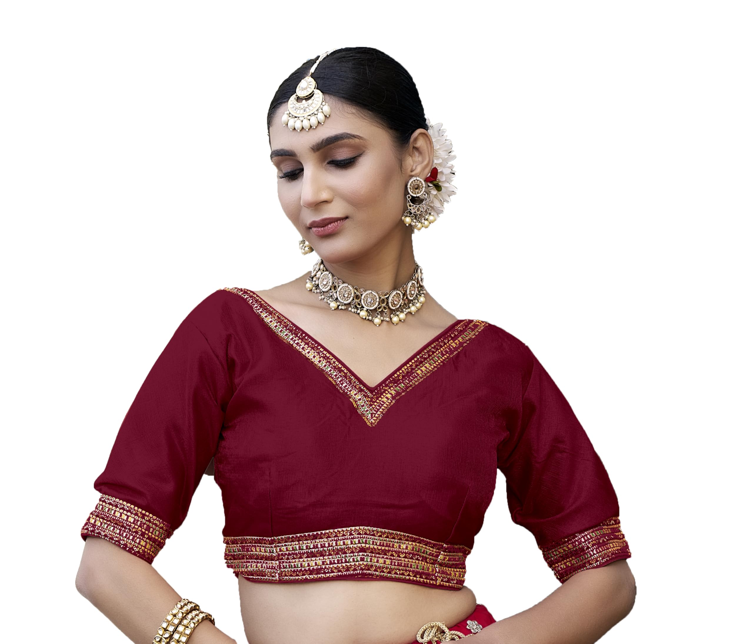 Pujia Mills Women's Milan Silk Readymade Wine Blouse Half Sleeves Embroidery Aari Work Saree Choli