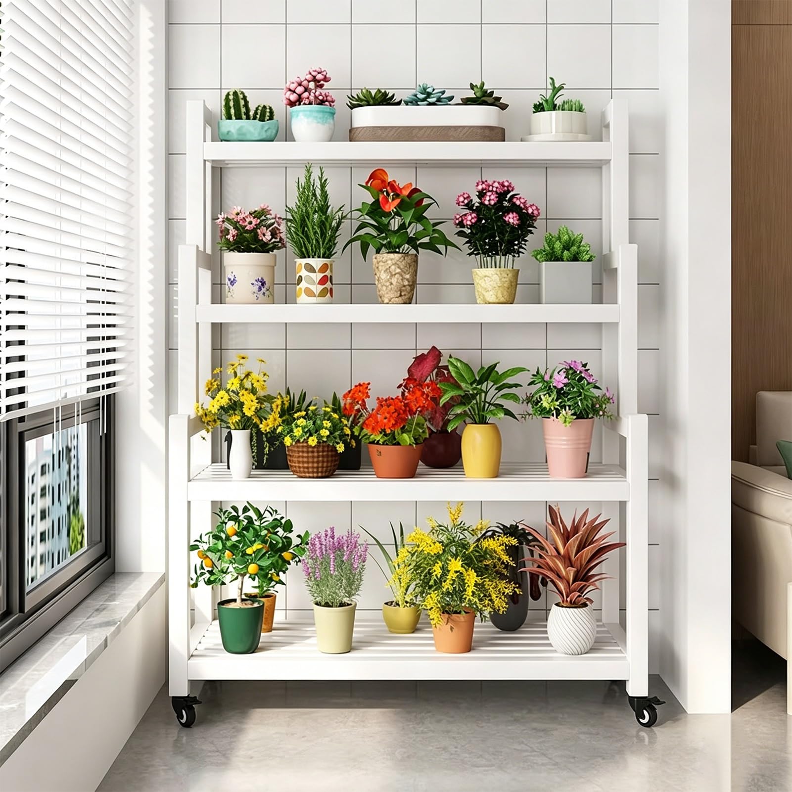 Supporto per piante a 4 livelli in metallo bianco con ruote e freni - Scaffale per fioriera con scala resistente, espositore per vasi da fiori ad angolo (altezza 145 cm)(120x40x145cm)