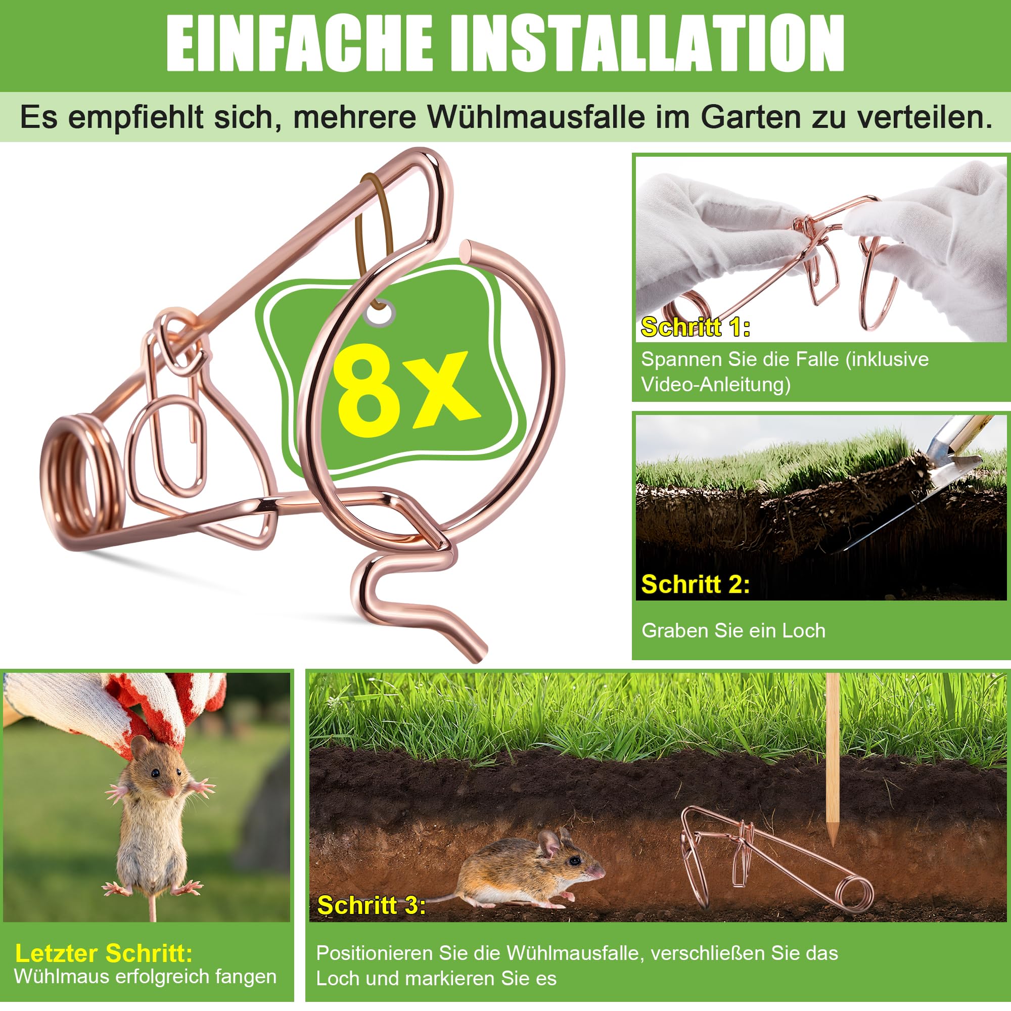 Enhon 8 Pièces Professionnel pour Campagnols Et Taupes, Pièges pour Campagnols en Fil d'acier Cuivré, sans Poison - Aucun Appât Nécessaire, Efficace Contre Les Et Les Taupes dans Le Jardin