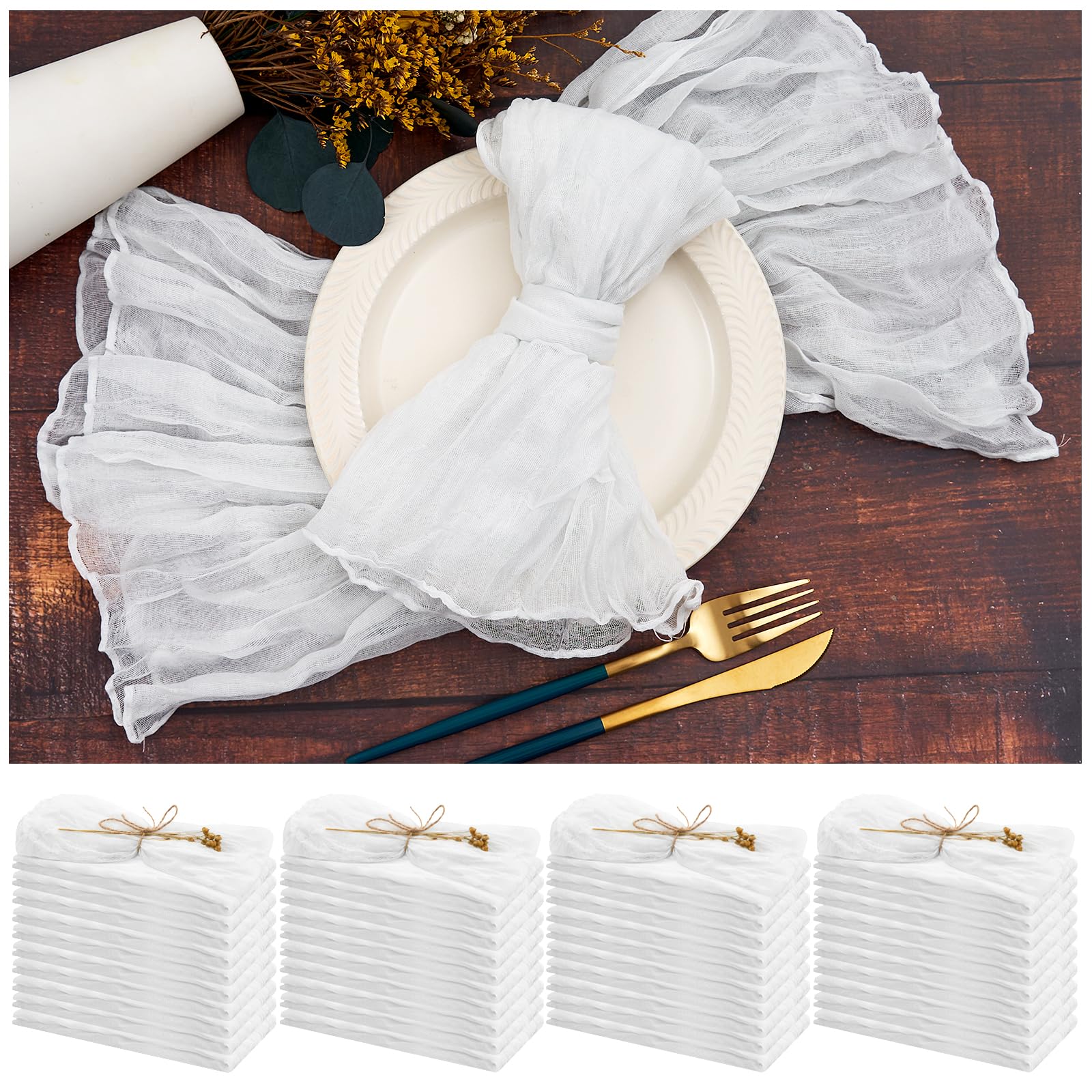 Teruntrue 42 Paquetes Servilletas de Gasa Blancas Arrugadas para Cena, 50x50 cm, Estilo Rústico Boho, Suaves, para Bodas y Fiestas