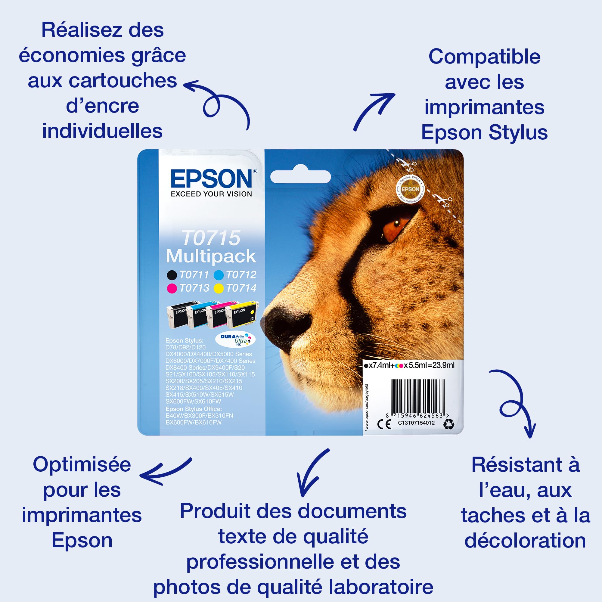 Epson T0715 Cheetah Genuine Multipack, 4-colours Ink Cartridges, DURABrite Ultra Ink,Black/Cyan/Magenta/Yellow