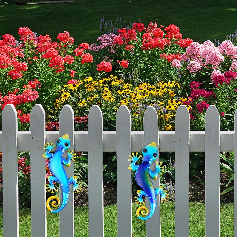 AOOSU Metal Decor Gecko Art Decor, Wrought Iron Colorful Gecko Wall Sculptures, Outdoor Garden Fence Ornaments Hanging for Backyard Porch Patio（30.5 * 18cm 2pcs） — view 6