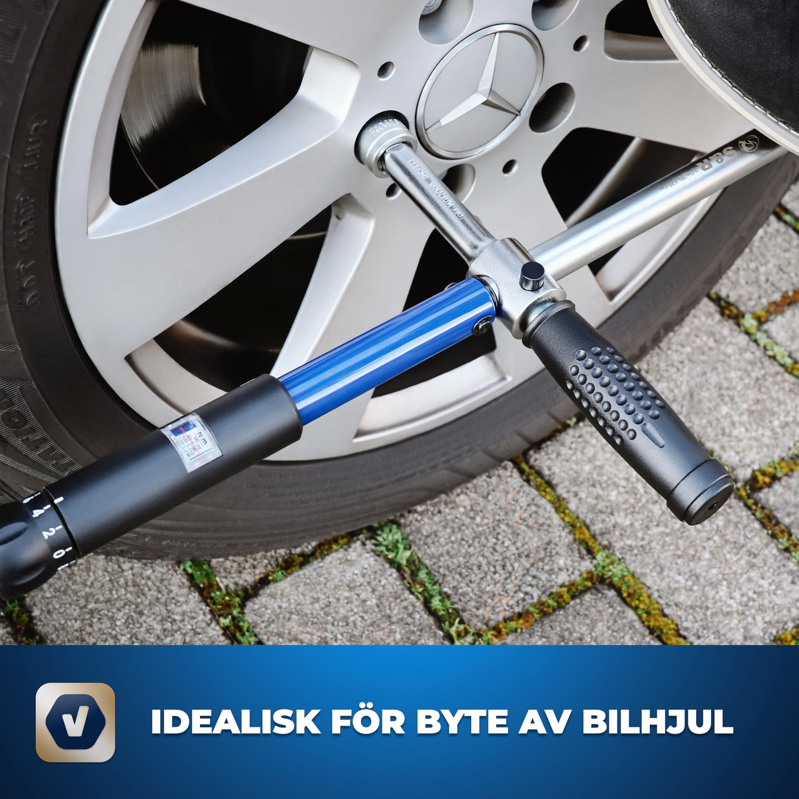 S&R Zestaw kluczy dynamometrycznych, nowy patent, klucz krzyżowy z uchwytem wrzecionowym, 70-170 Nm: 1/2", w tym 3 nasadki 17 mm, 19 mm, 21 mm, ze stali CrV, w solidnej walizce