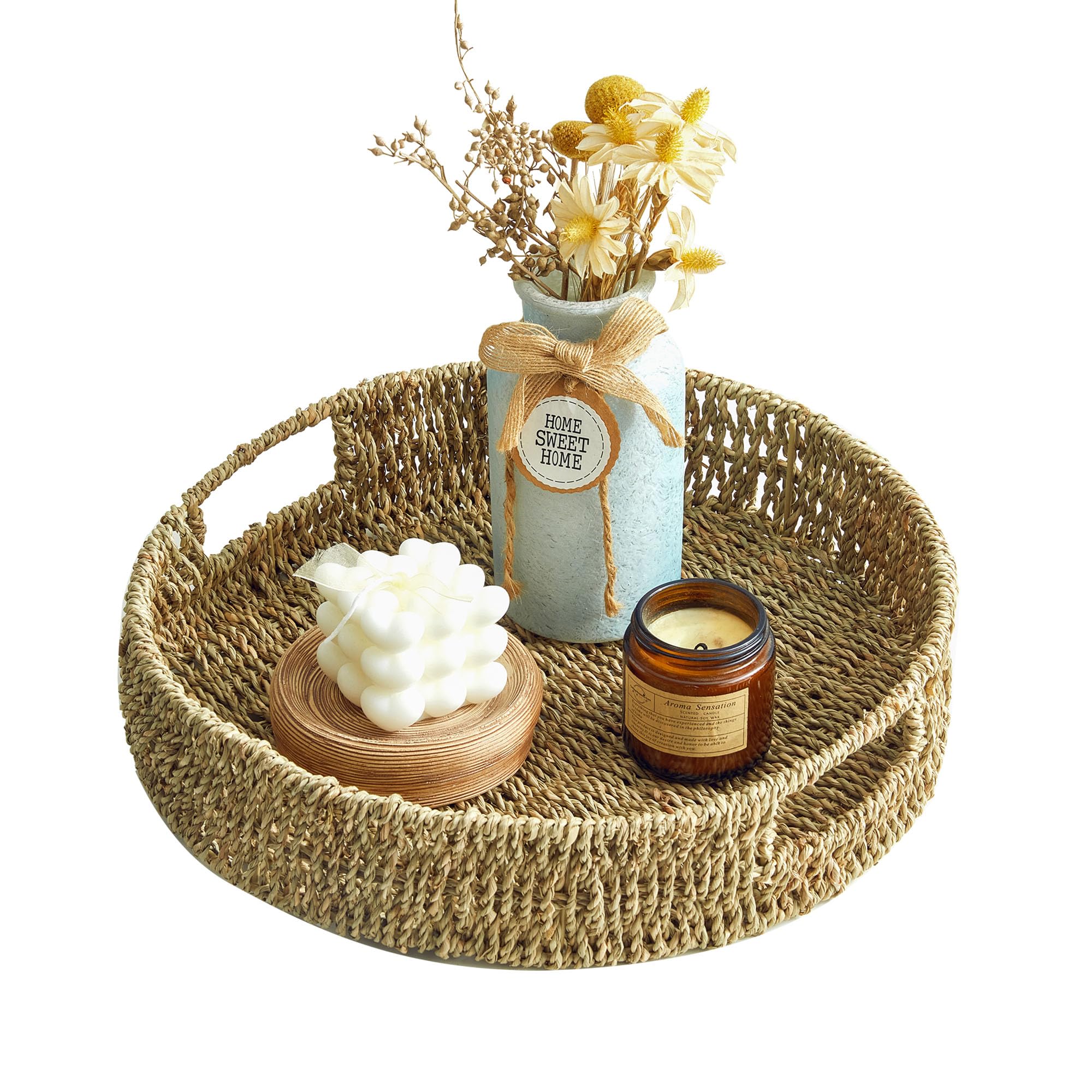 13 inch Round Wicker Tray, Hand-Woven Rattan Serving Trays with Handles for Snack Drinks Coffee Table Tray, Seagrass 1Pack
