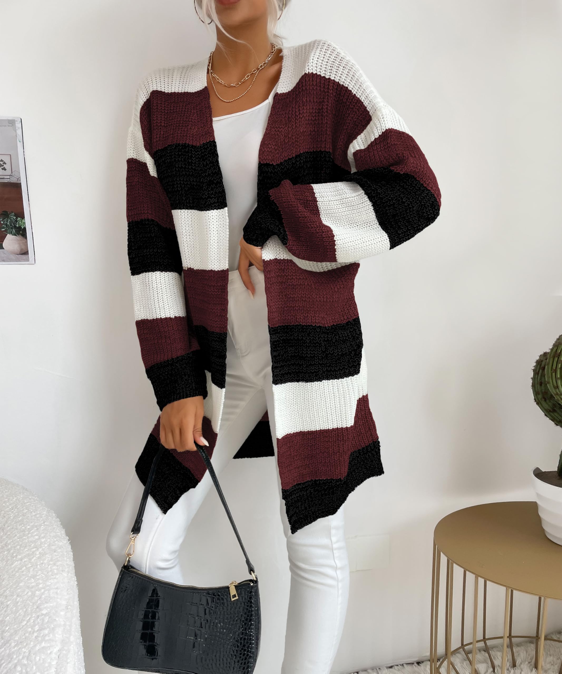 Womens Striped Knit Cardigan Mid-Length Stylish and Comfortable Casual Wear Perfect for Fall and Winter