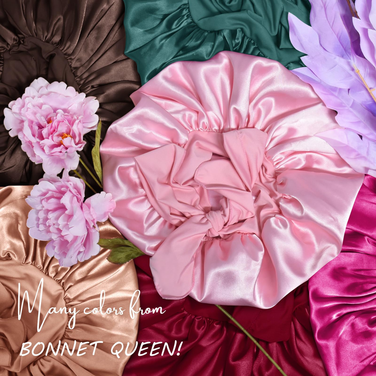 Shirene Satin Bonnet,2 PCS Soft Silk Bonnet Hair Wrap for Sleeping Hair Bonnet for Bath Adjustable Satin Night Sleeping Silk Bonnets with Tie Band for Women Girls Long Straight Curly Hair Black Pink - Image 4
