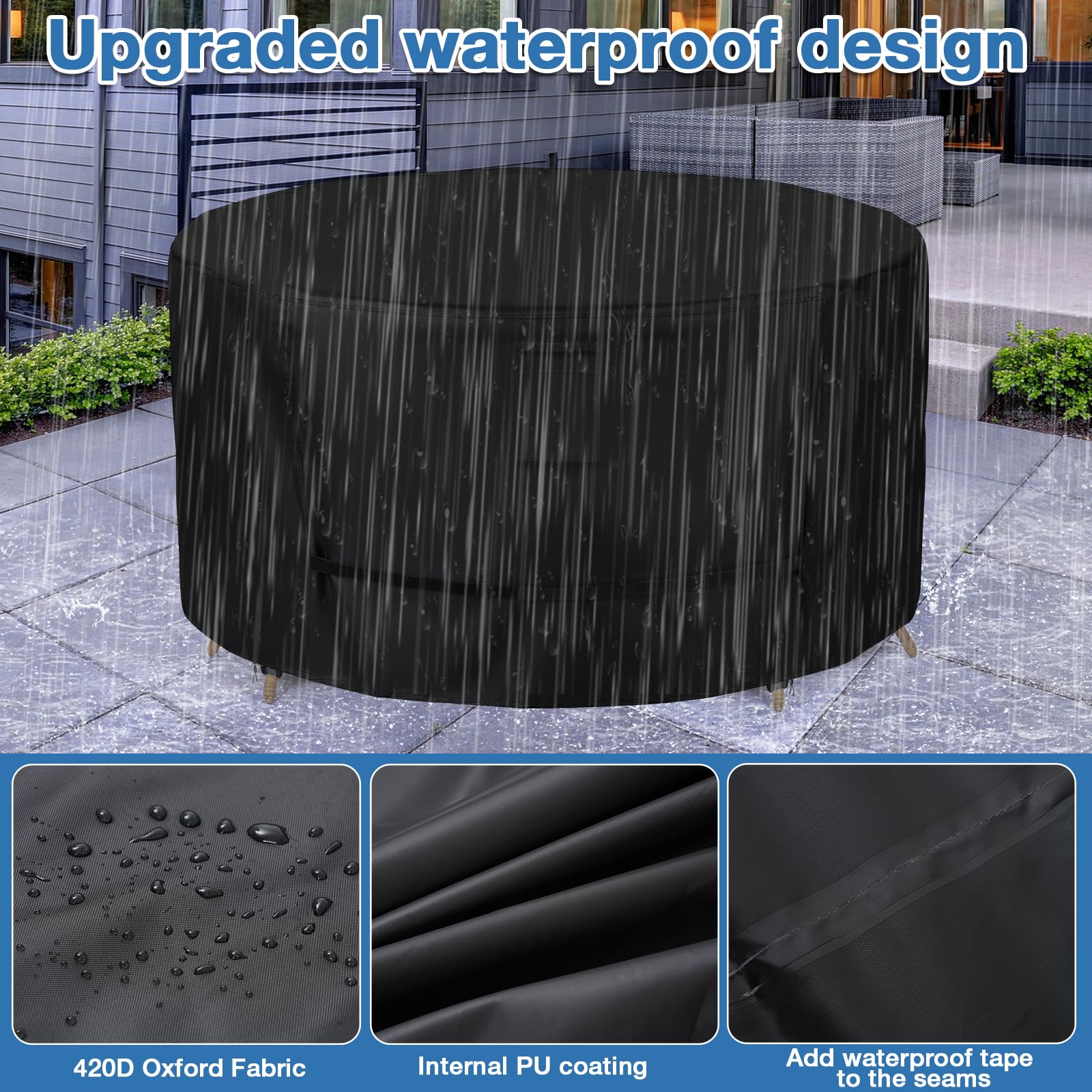 GARPROVM Housse ronde pour table de jardin 420D Oxford 420D imperméable coupe-vent anti-UV avec aérations et sangles Noir 190 x 80 cm