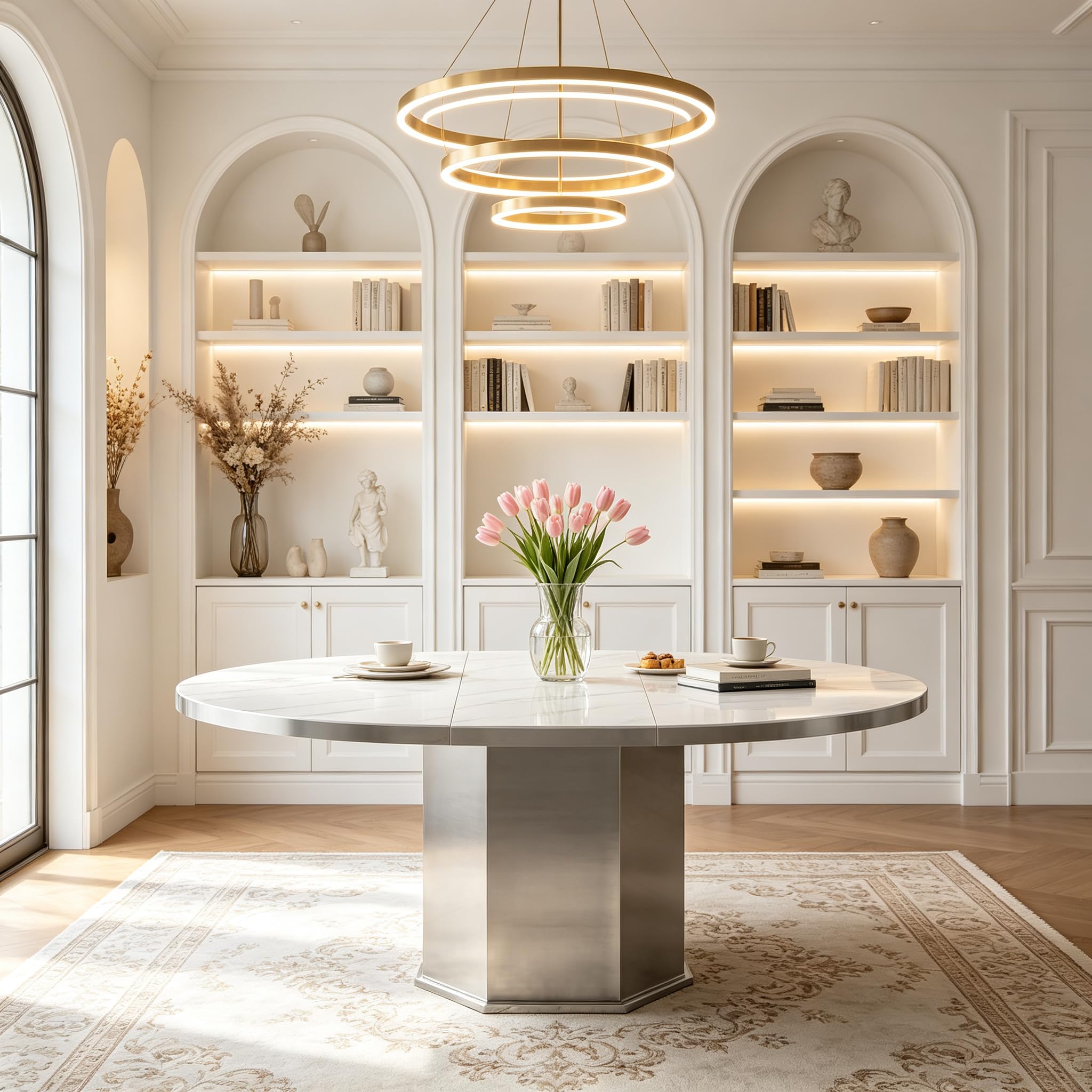 Modern 47"-63" Round White Faux Marble Extendable Dining Table for 4-6, Luxury Round Dining Room Table, Kitchen Dinner Tables with Marble Veining Tabletop and Mirror Acrylic Base for Kitchen