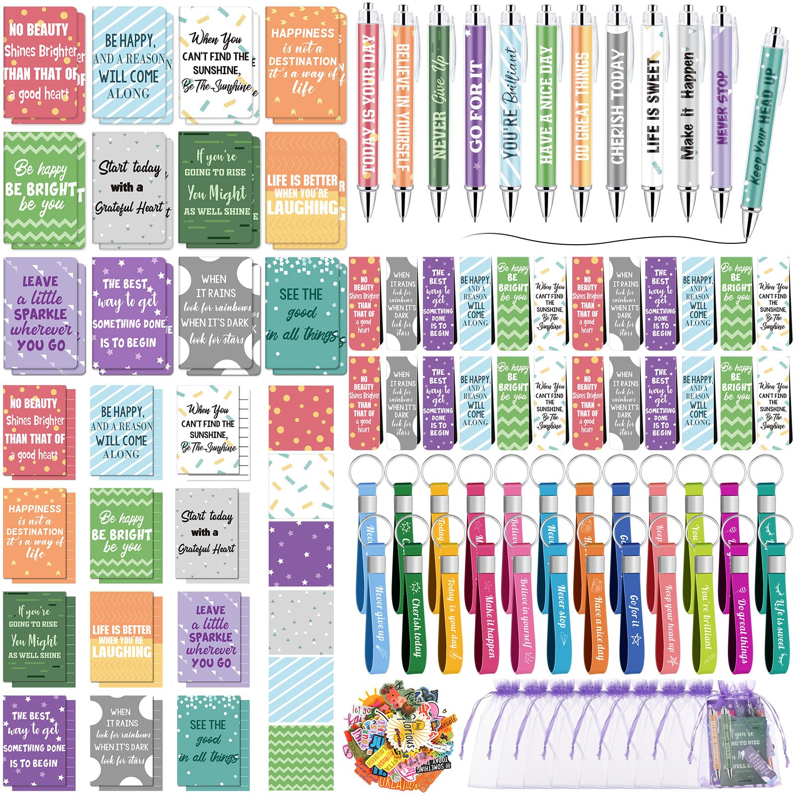 Pasimy 218 piezas de artículos de papelería inspiradores, mini bloc de notas motivacionales, marcadores para libros, calcomanías para aliviar el estrés, llaveros de silicona inspiradores para niños y