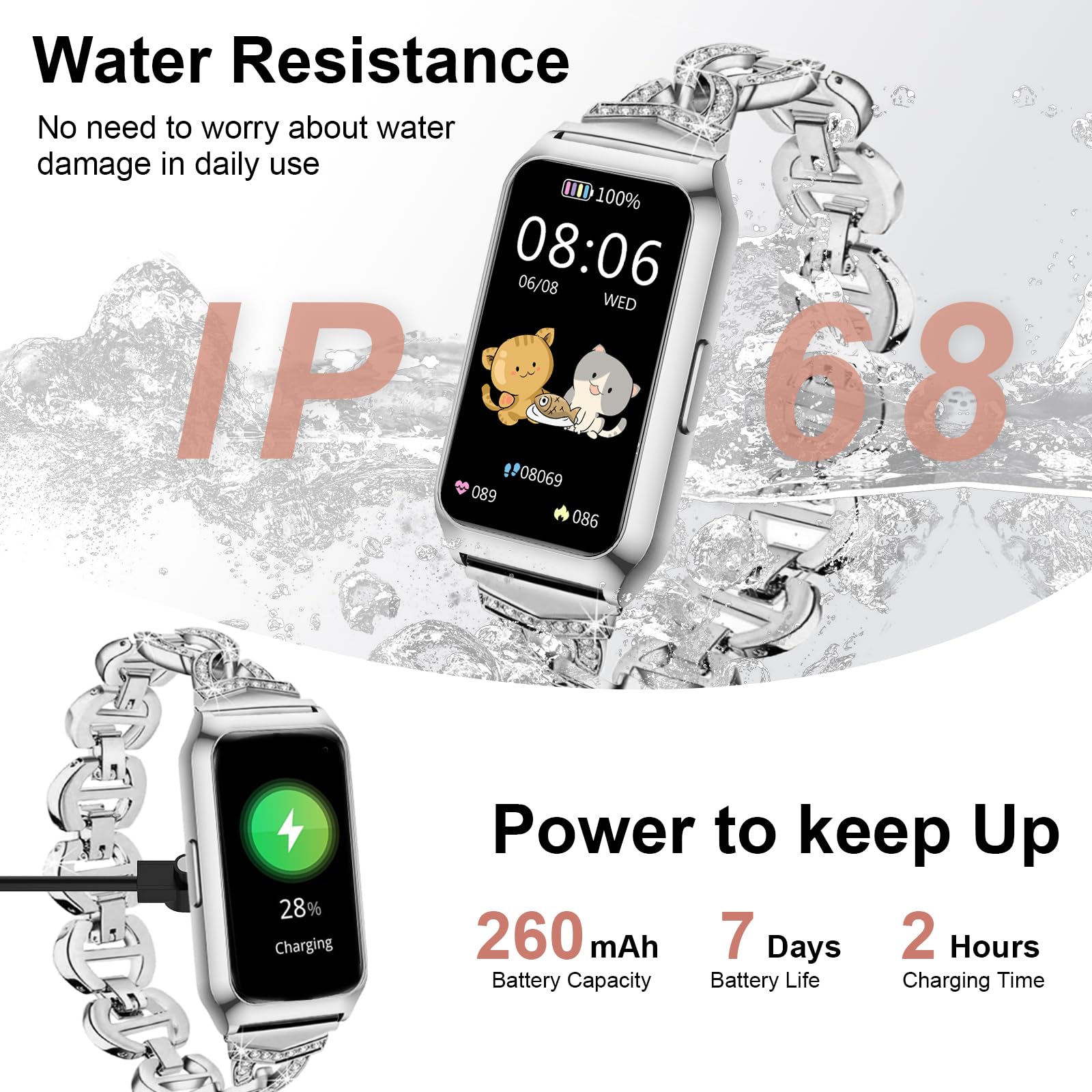 Smartwatch Damen mit Aluminiumgehäuse in Sliber, Ultra-Akkulaufzeit, 1,47 Zoll Fitness Tracker mit Pulsuhr SpO2 Schlafmonitor, 25 Sportmodi, Wasserdicht IP68 Fitnessuhr für iOS Android Phone, Silber