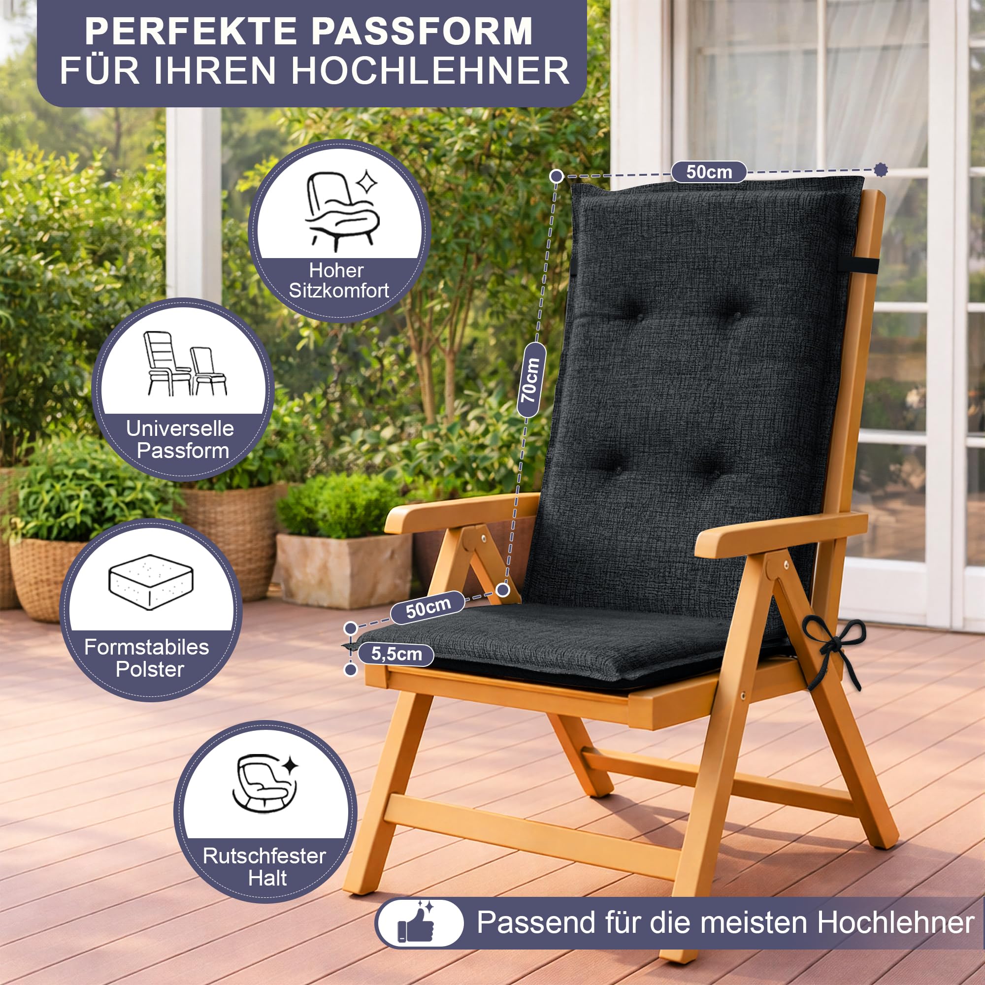 Relexo Premium - Hochlehner Auflage Gartenstuhl Stuhlauflage mit Polster, Outdoor Sitzkissen & Stuhlkissen für Gartenmöbel Auflage wetterfest, Sitzkissen bequem (Anthrazit, 4er Set)