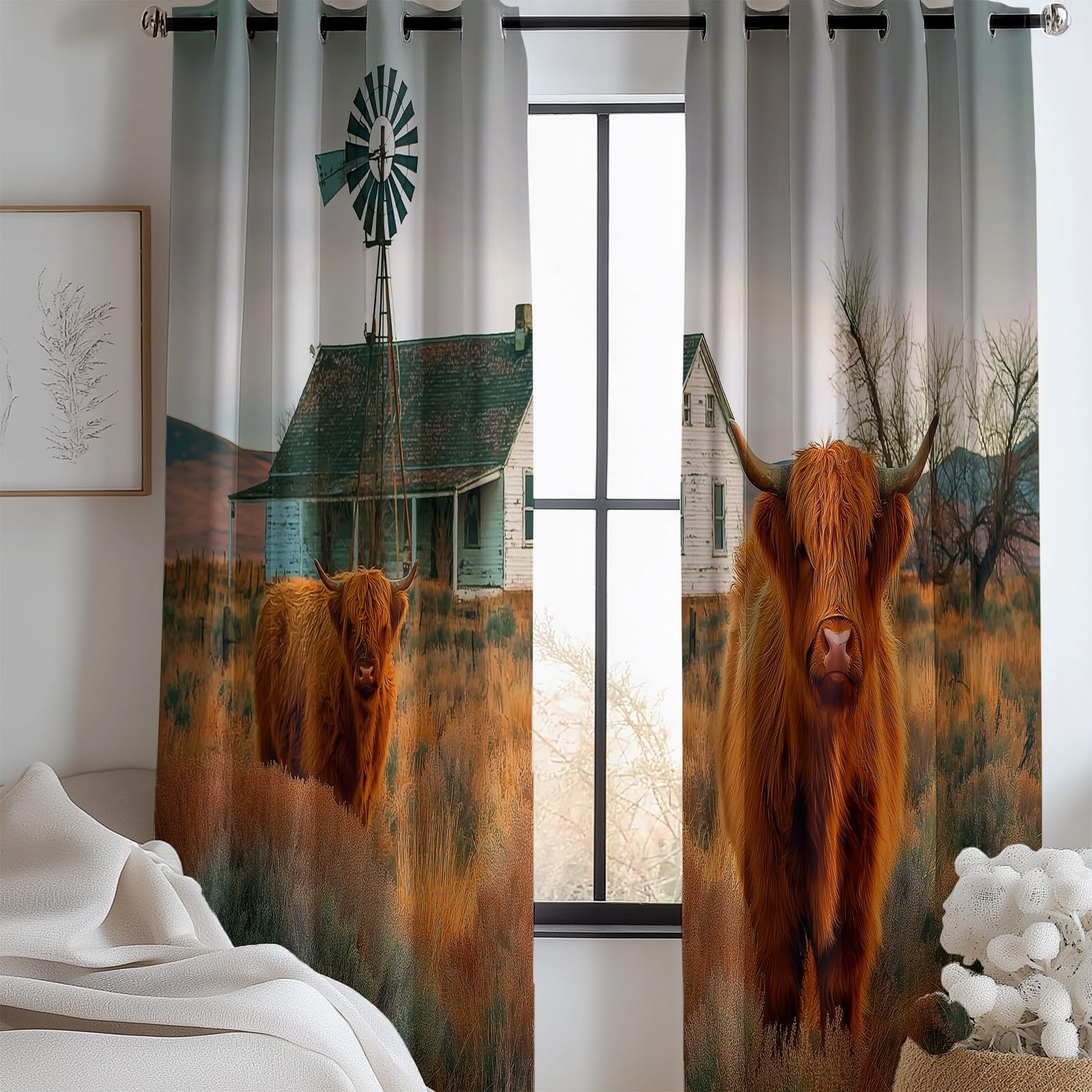 Blackout Vorhänge B200 x H178 cm Verdunkelungsvorhang mit Ösen, 3D-Druck Amerikanisches Ländliches Schottisches Vieh Vorhang Grau Weich Polyester Vorhänge für Wohnzimmer Schlafzimmer und Kinderzimmer