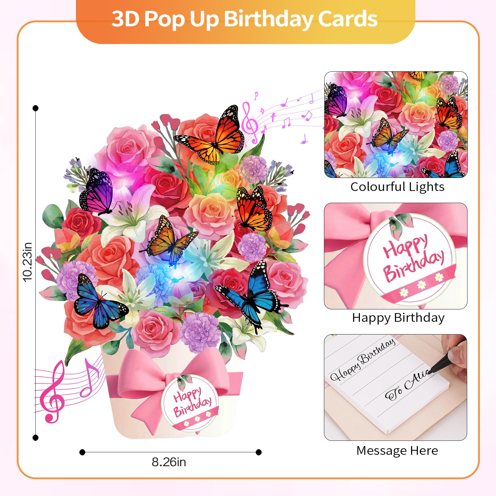 Geburtstagskarten mit Musik und Lichtern, Pop-Up-Geburtstagskarte, 25,4 cm, lebensgroßer Blumenstrauß, 3D-Pop-Up-Geburtstagsgeschenkkarte für Frauen, Ehefrau, Mutter, Tochter, Schwester