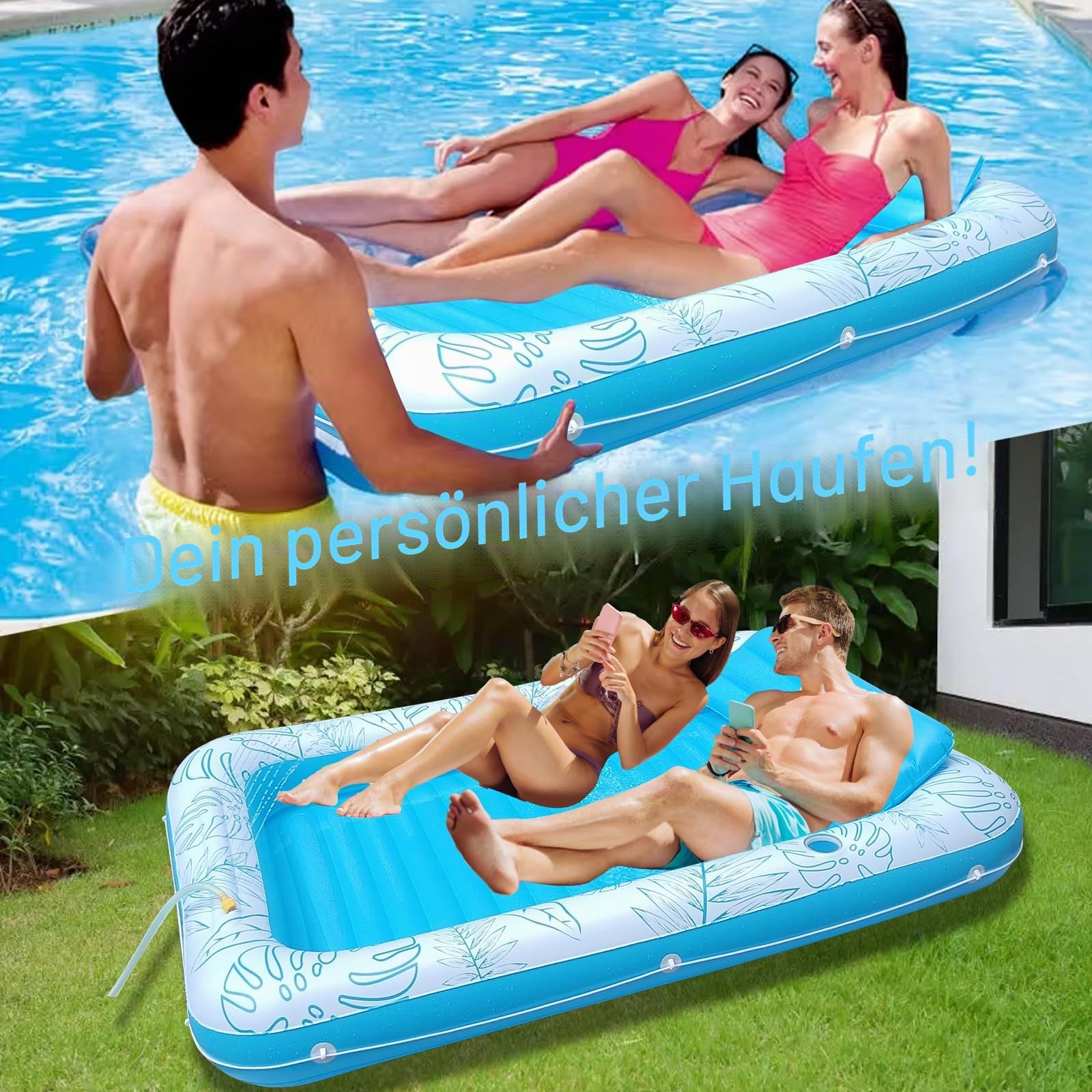 210.8 cm x 160.0 cm Extra Large Inflatable Tanning Pool Float Lounger with Sprinkler & Cup Holder, Adult Pool Floß for Backyard, Beach or Lake, Pink/Blue - Durable PVC, Supports 200 kg