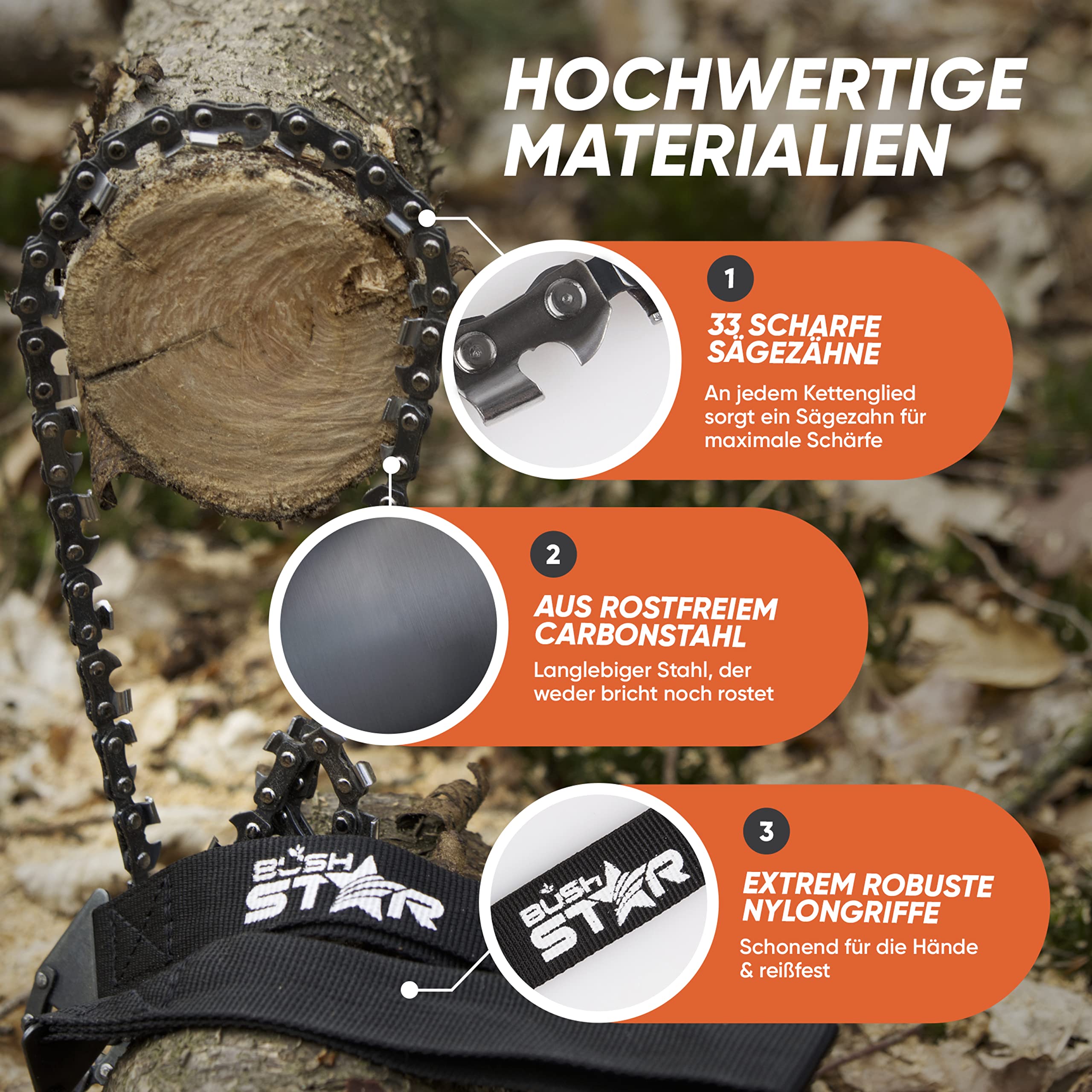 Handkettensäge mit 33 Zähnen inkl. Gürteltasche und GRATIS FEUERSTARTER Holz schnell und einfach sägen - Premium Hand-/AST-/Holz-/Gartensäge für Survival, Outdoor & Camping