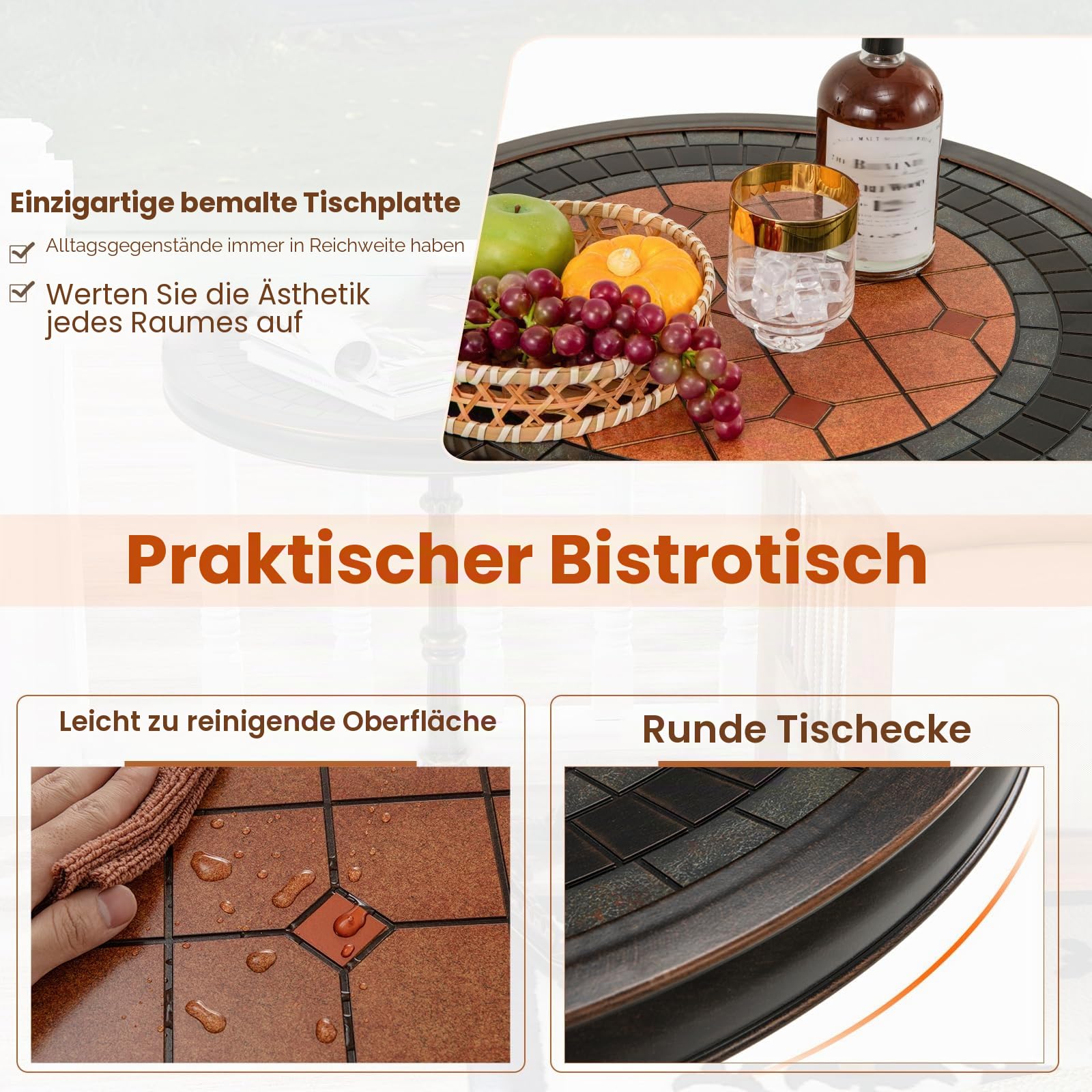 KOMFOTTEU Runder Gartentisch aus Aluminiumguss, Balkontisch mit Schiefer-Textur & Patchwork, Terrassentisch Vintage-Stil, φ60,5 x 73 cm