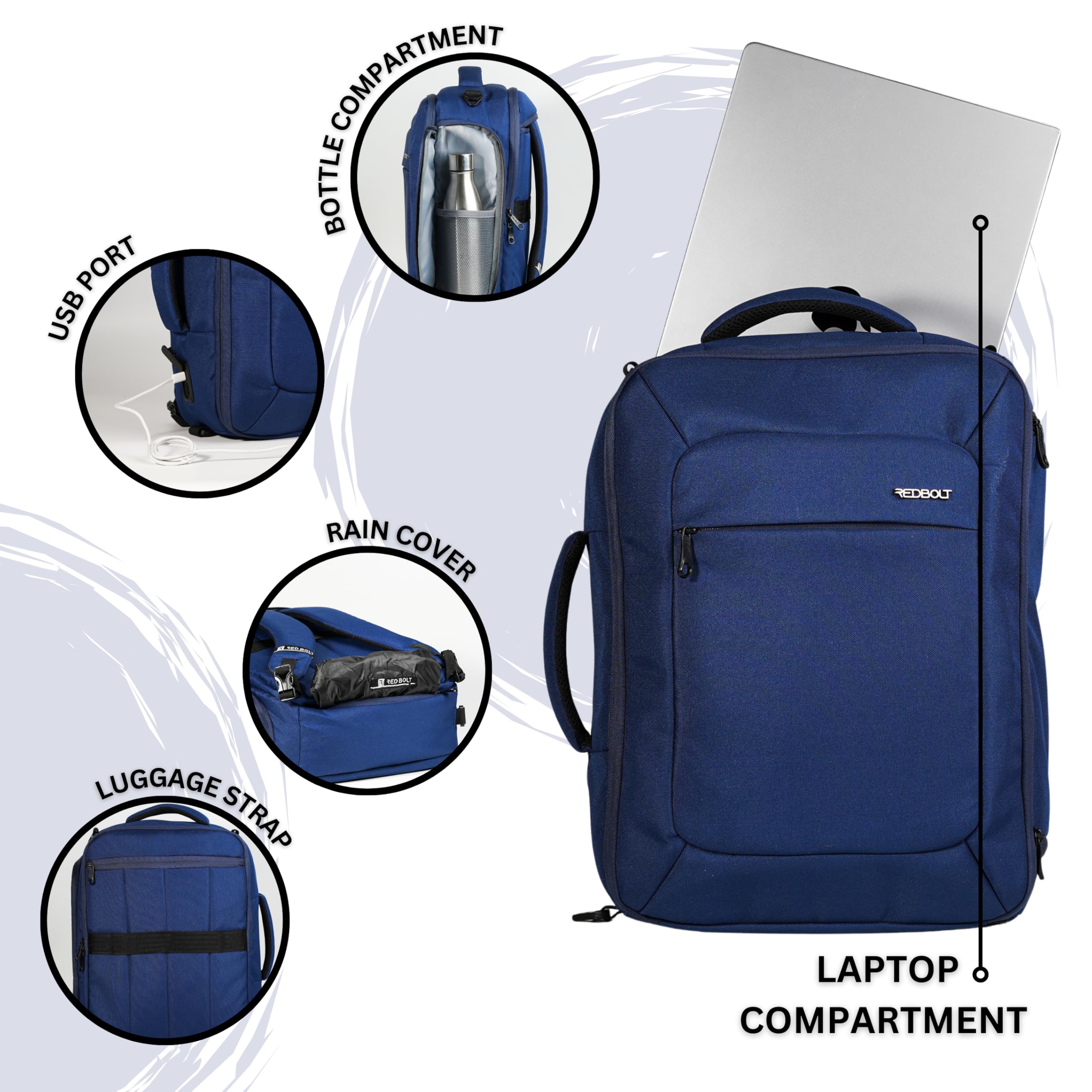 RED BOLT Optimus 30L Travel Laptop Backpack for Men & Women | Fits 15.6 Inch Laptop | Expandable Cabin Weekender Backpack with 180° Clamshell Opening, USB Charging Port, Rain Cover & Trolley Sleeve 3