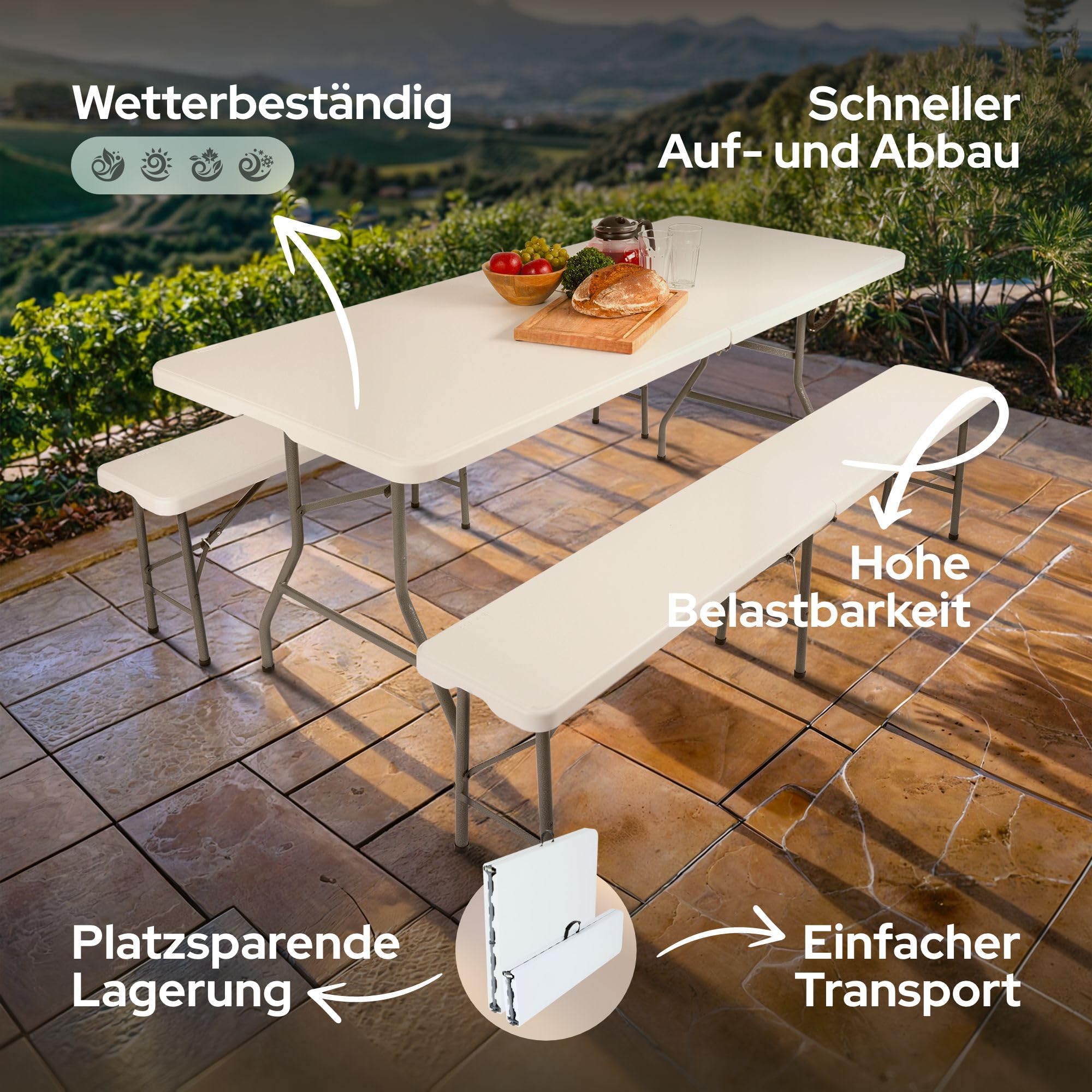 Arebos Bierzeltgarnitur 3-teilig Set Tisch + 2 x Bank | Festzeltgarnitur für drinnen - draußen | Biertisch Set | Zusammenklappbar & mit Tragegriff Campingtisch | Weiß