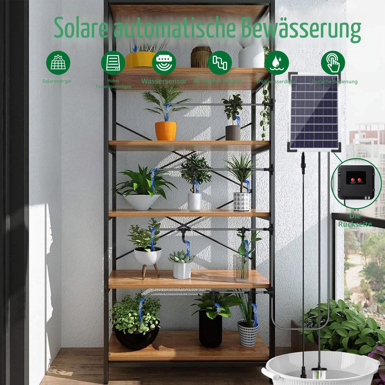 Garten Drip Bewässerung System Solar Powered,5W automatische Solar Drip Bewässerung Kit Bewässerung System, Anti-Siphon Design für Topfpflanzen Gewächshaus,Timing Modes Bewässerung Geräte