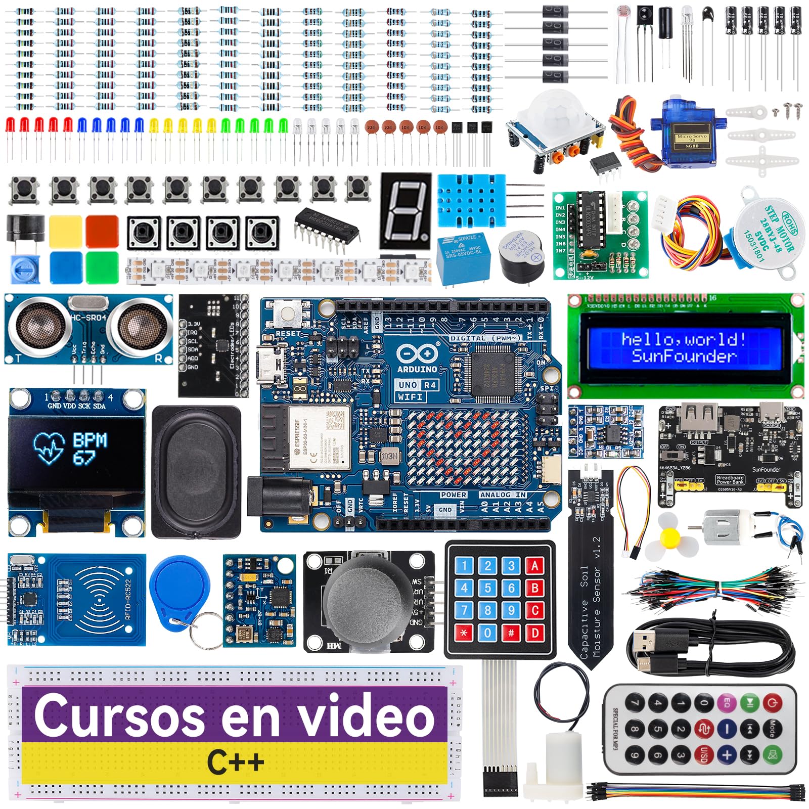 SunFounder Kit Explorador Élite con Arduino Uno R4 WiFi Original, Compatible RoHS,Bluetooth,IoT,ESP32,IIC LCD1602, OLED,Tutoriales en línea y cursos en Video en inglés para Principiantes e Ingenieros