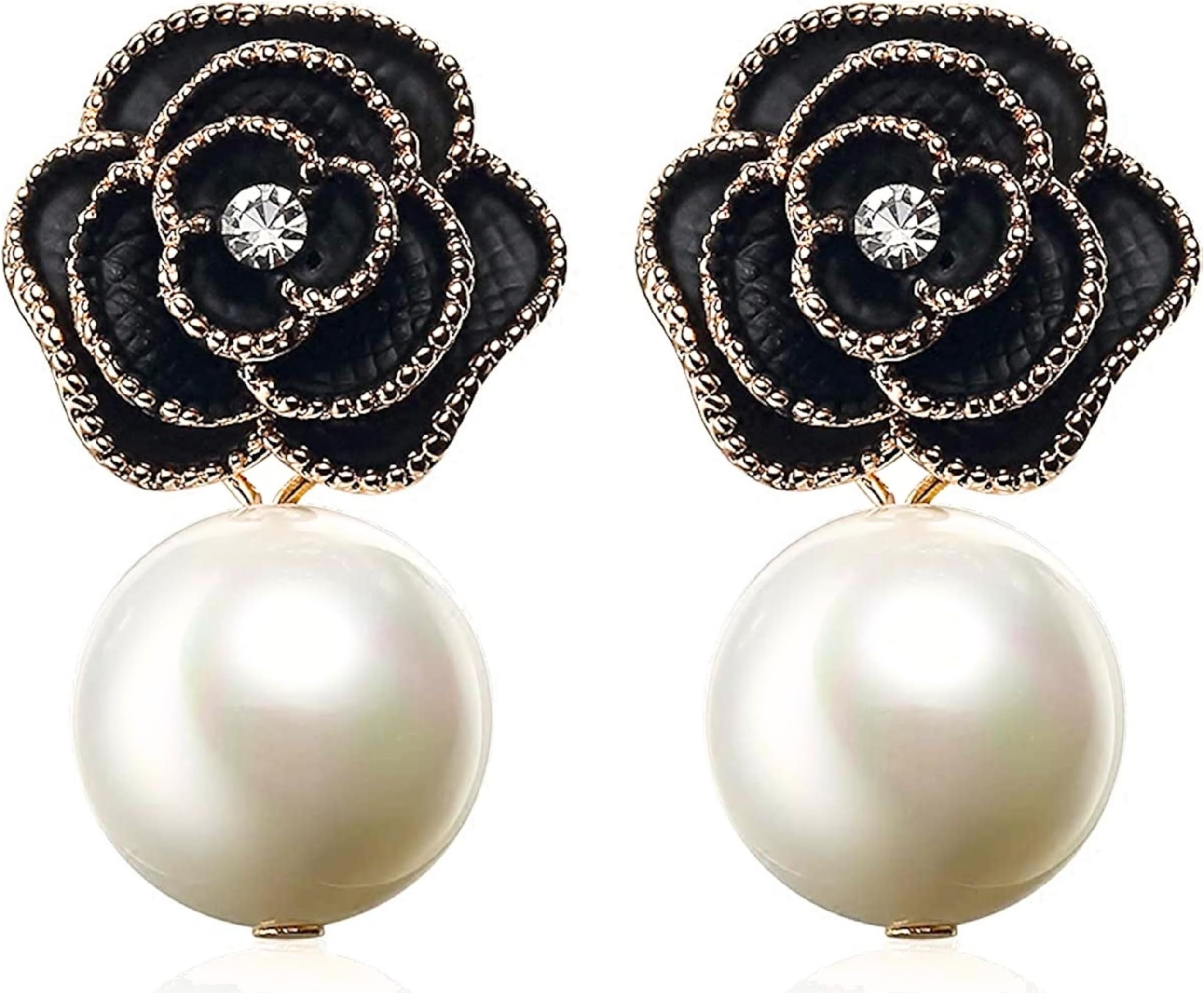 Fashion Designer Imitation Pearl Black Camellia Floral Charm Dangle Drop Earrings Studs