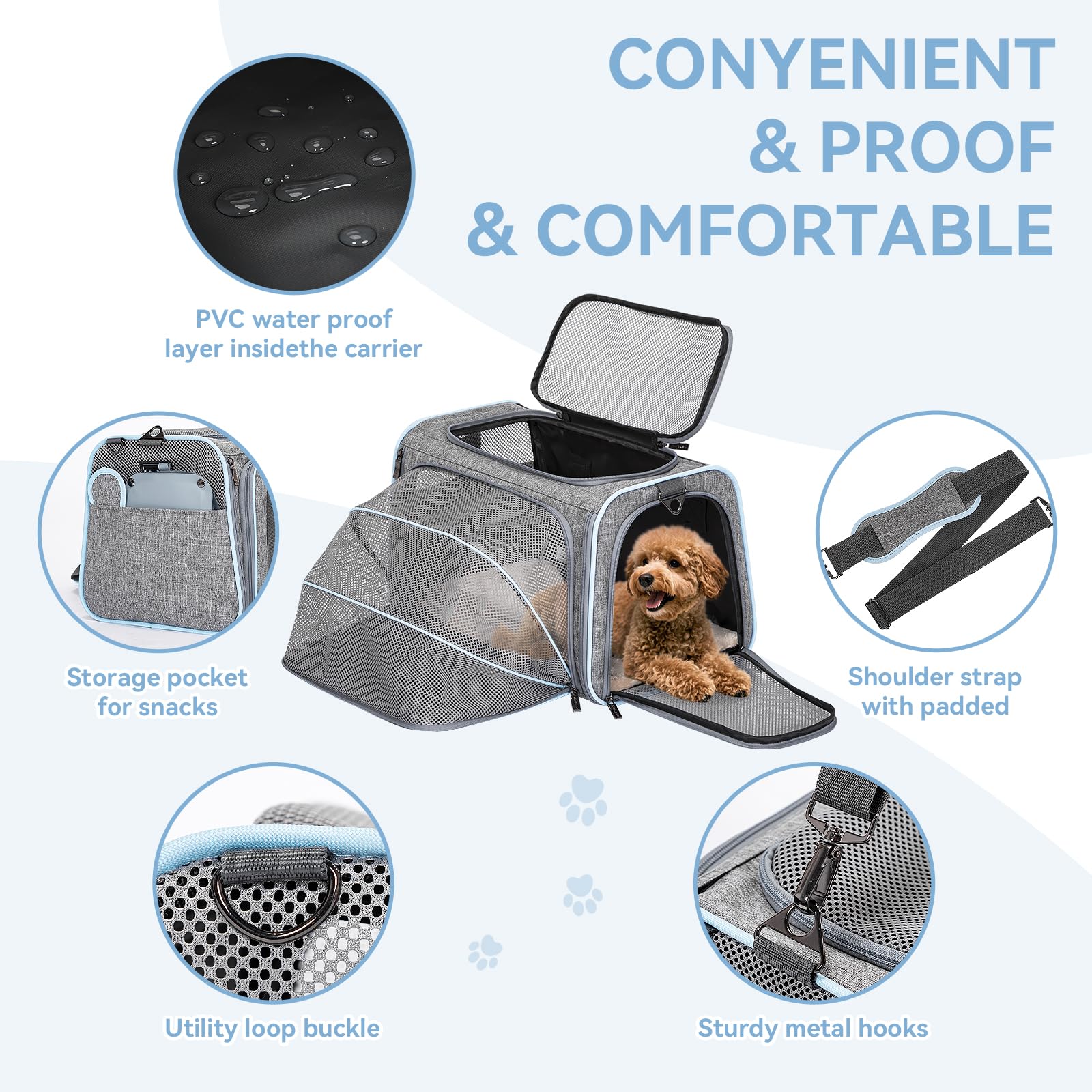 Petsfit Faltbarer Transporttasche Katze und Hund,erweiterbare Katzentransportbox mit Schultergurt Hundetragetasche Flugtasche Oxford Gewebe für Katze und Hund, M/Grau/Doppelseitig