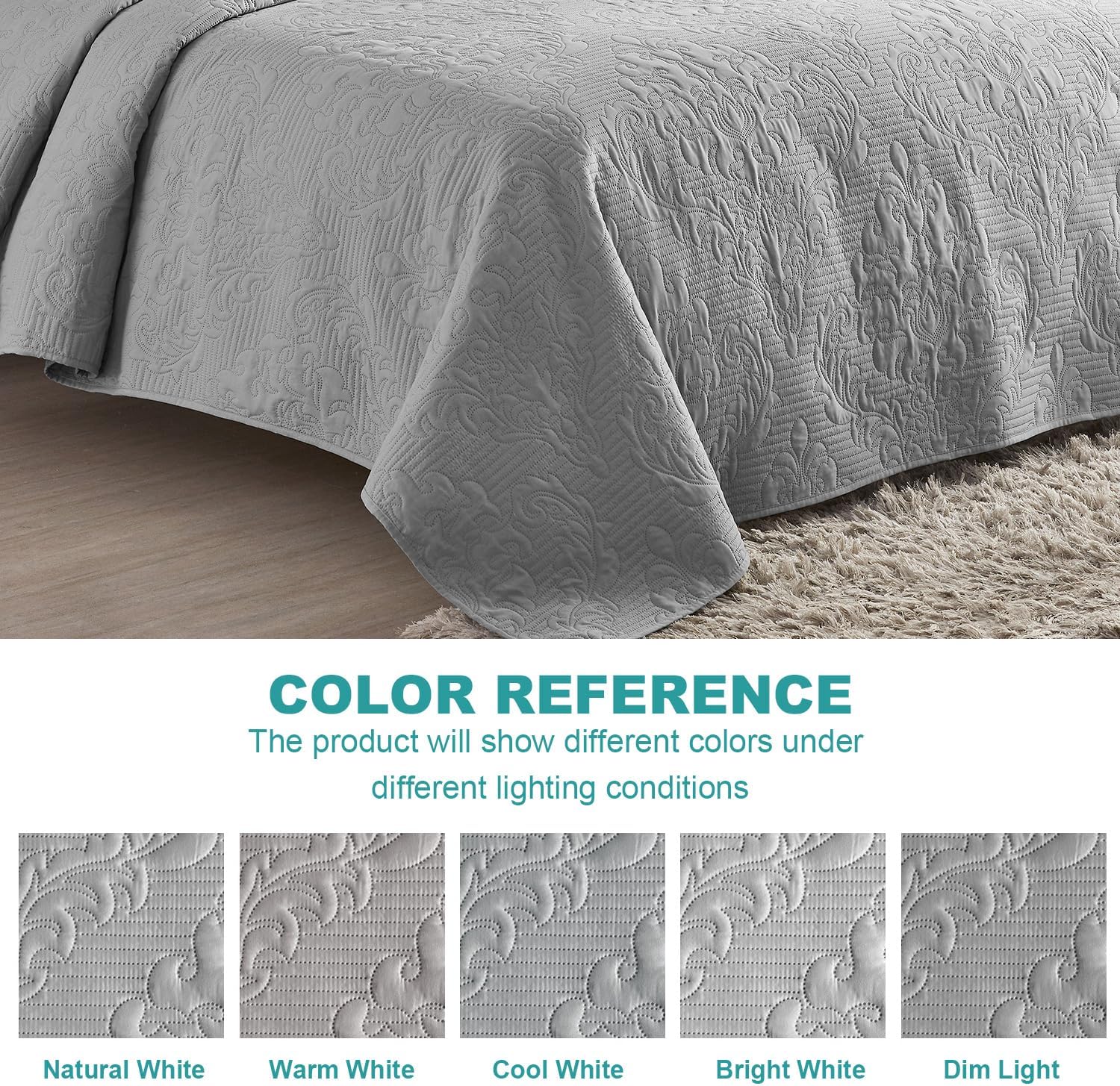 Hansleep Grey Quilt Queen Size - Damask Ultrasonic All Season Bedspread Queen, Soft Lightweight Coverlet Bedding Set, 3 Pieces (1 Quilt, 2 Pillow Shams) - Image 6