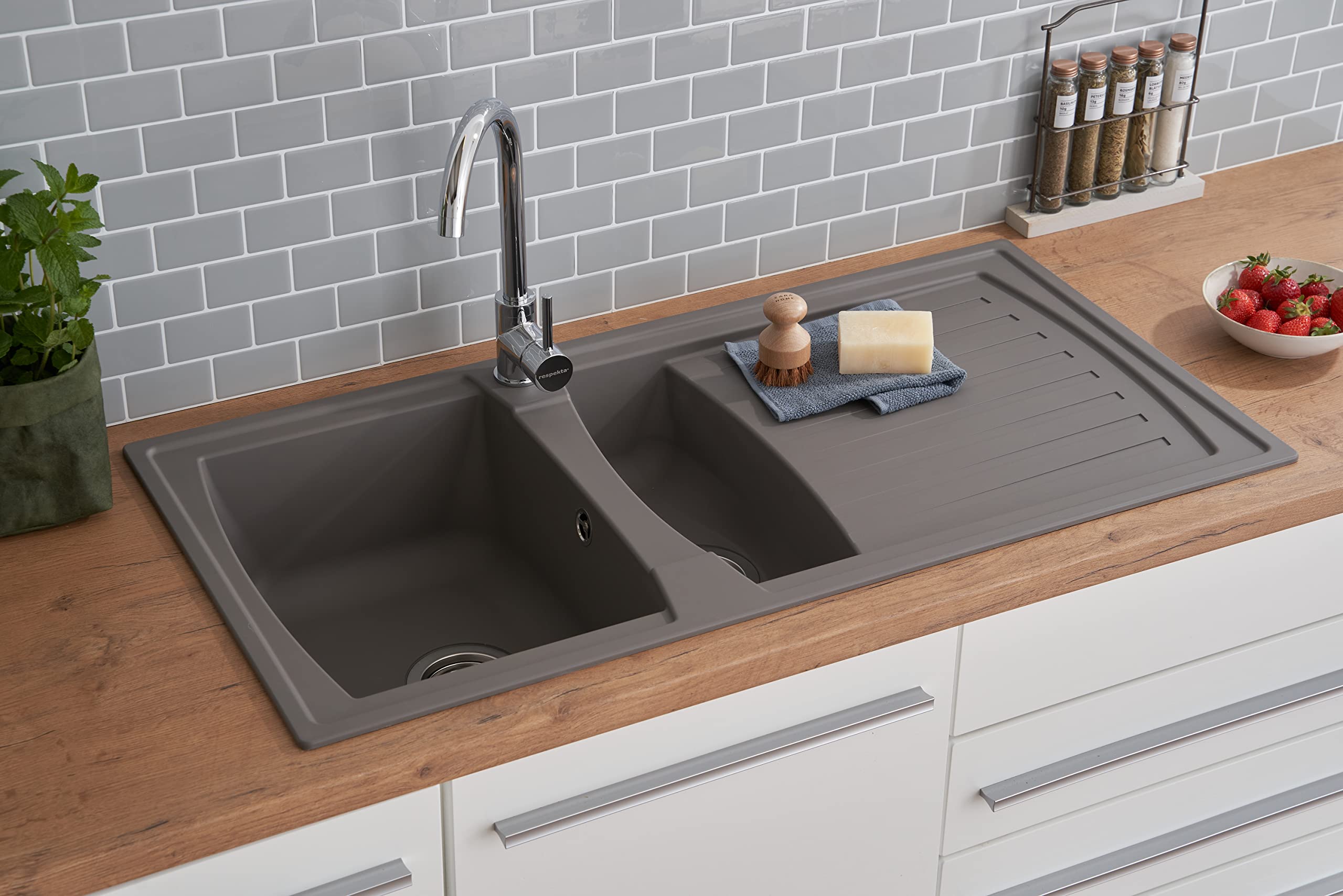 Respekta Évier minéralite en gris béton/Évier encastré 1,5 bac en 100 x 50 cm/Lavabo adapté pour les meubles sous évier dès 60 cm de largeur