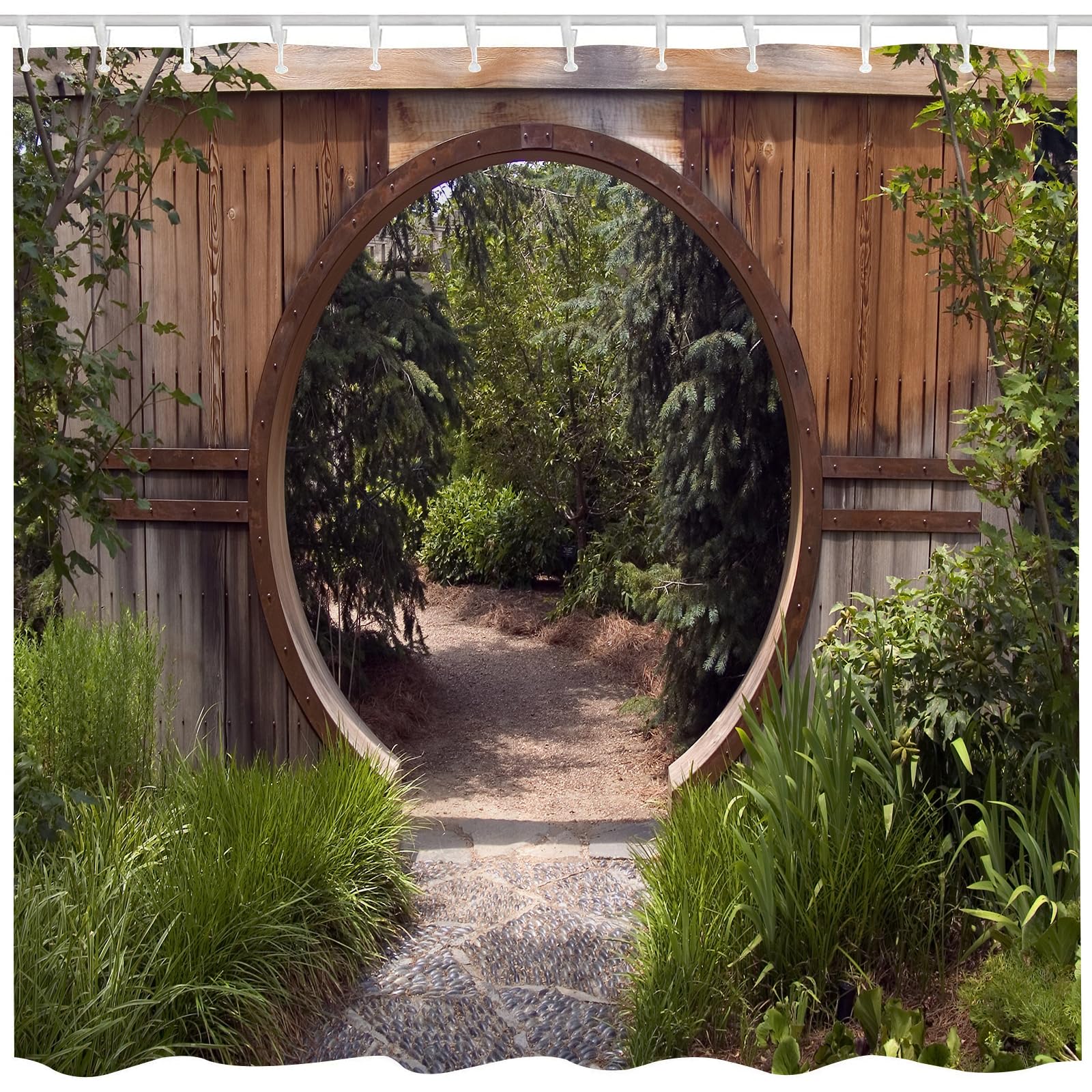 Japanese Shower Curtain Authentic Circle Rustic Doorway Gate Opening to National Park Sublime Habitat Bath Curtain Green Brown Waterproof Shower Curtains for Bathroom Decor 72x72 Inch