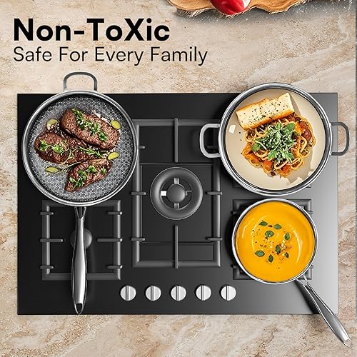 Miniatura 3 de Juego de sartenes antiadherentes con 3 tapas, juego de sartenes híbridas no tóxicas (8+10+12 pulgadas), sartén para cocinar, utensilios de cocina