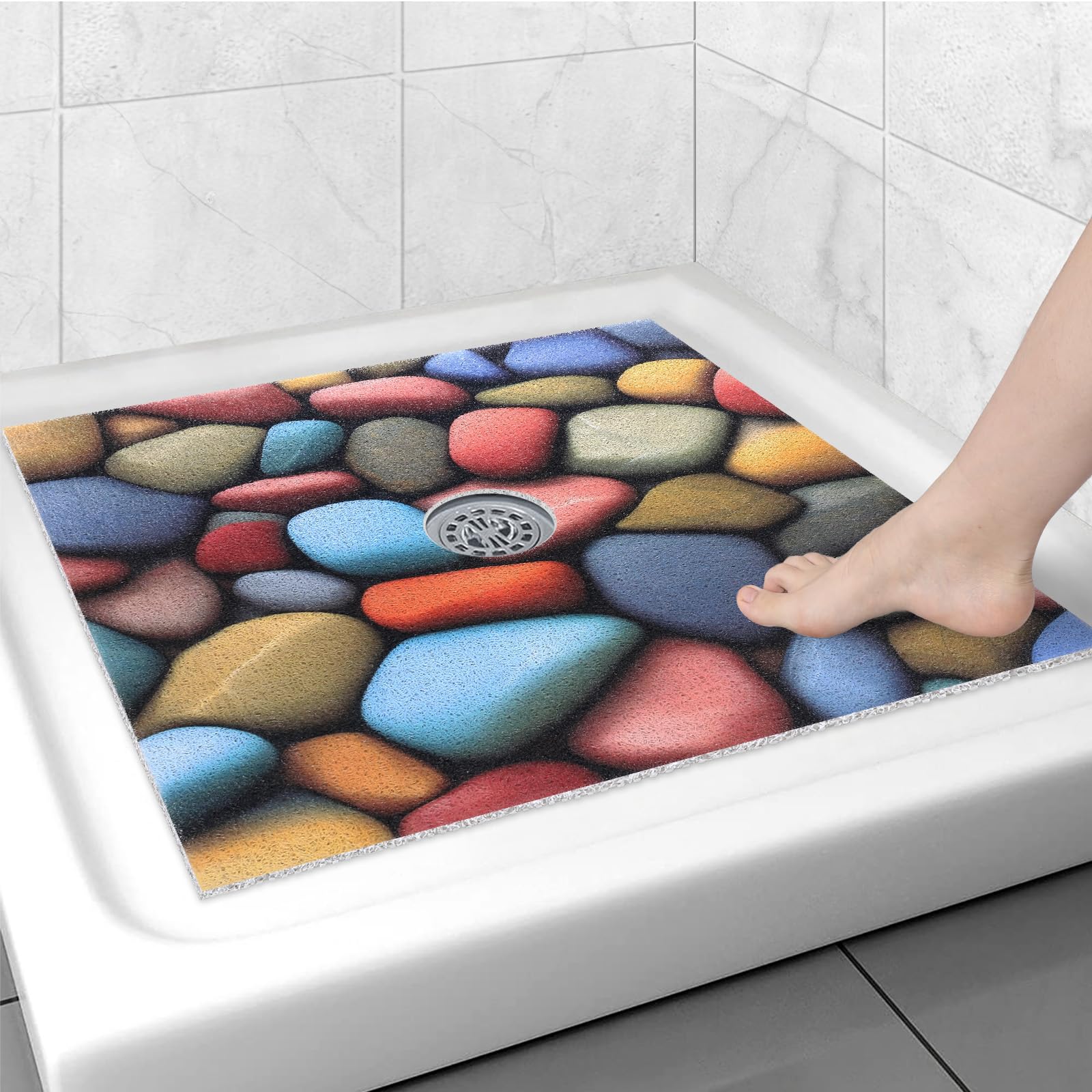 Square Shower Mat Non Slip: 27x27 Inch Shower mats for Inside Shower with Drain Hole in Middle, Super Soft PVC Loofah Massage Shower Floor Mat, Anti Slip Shower Stall Mat, Quick Drying
