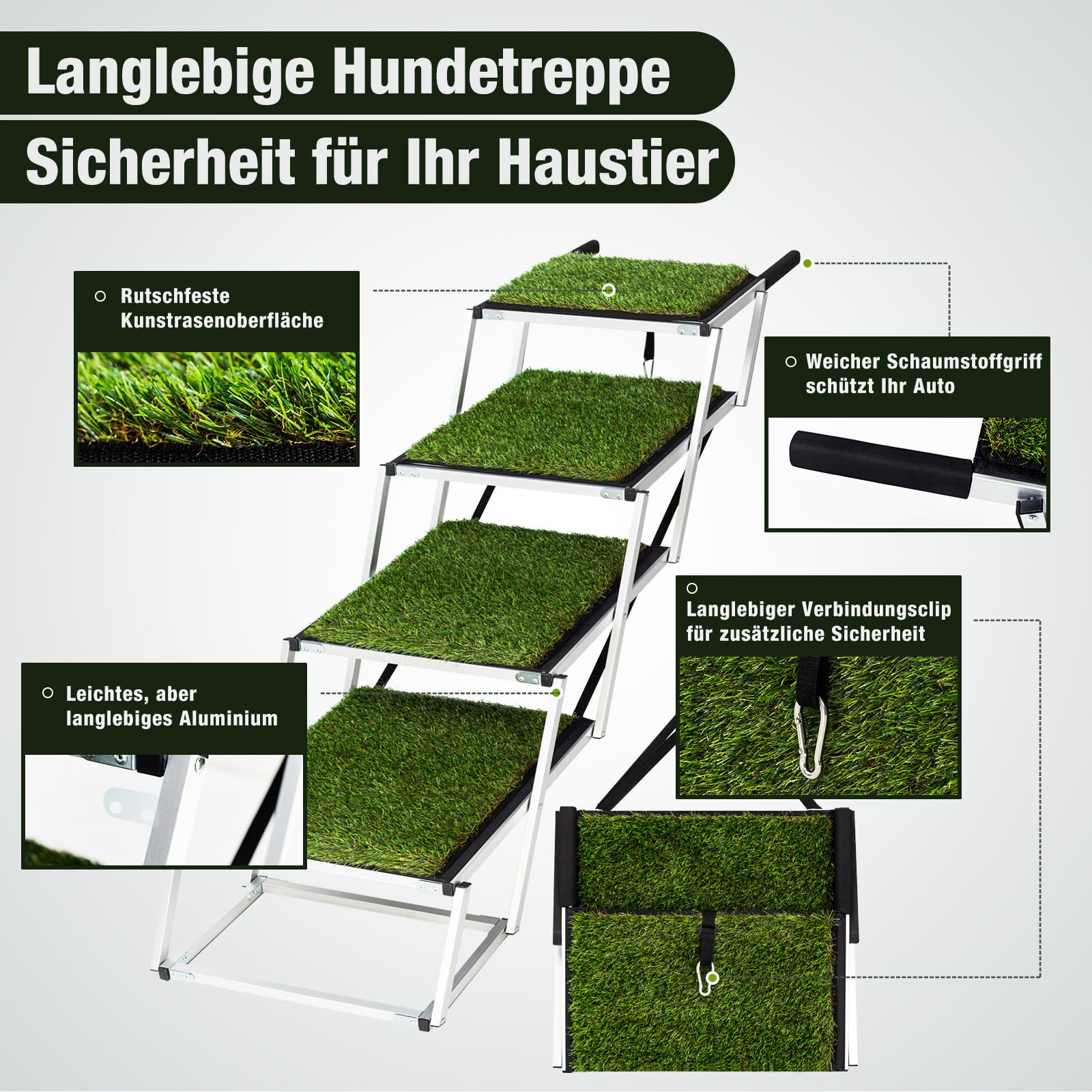 Extra Breit Hunderampe Auto Klappbar,Hundetreppe für Große Hunde mit rutschfeste Kunstrasen-Oberfläche, Leichtgewicht Aluminium Hundeleiter, Faltbar Hundetreppe für Auto, Lastwagen Und SUV