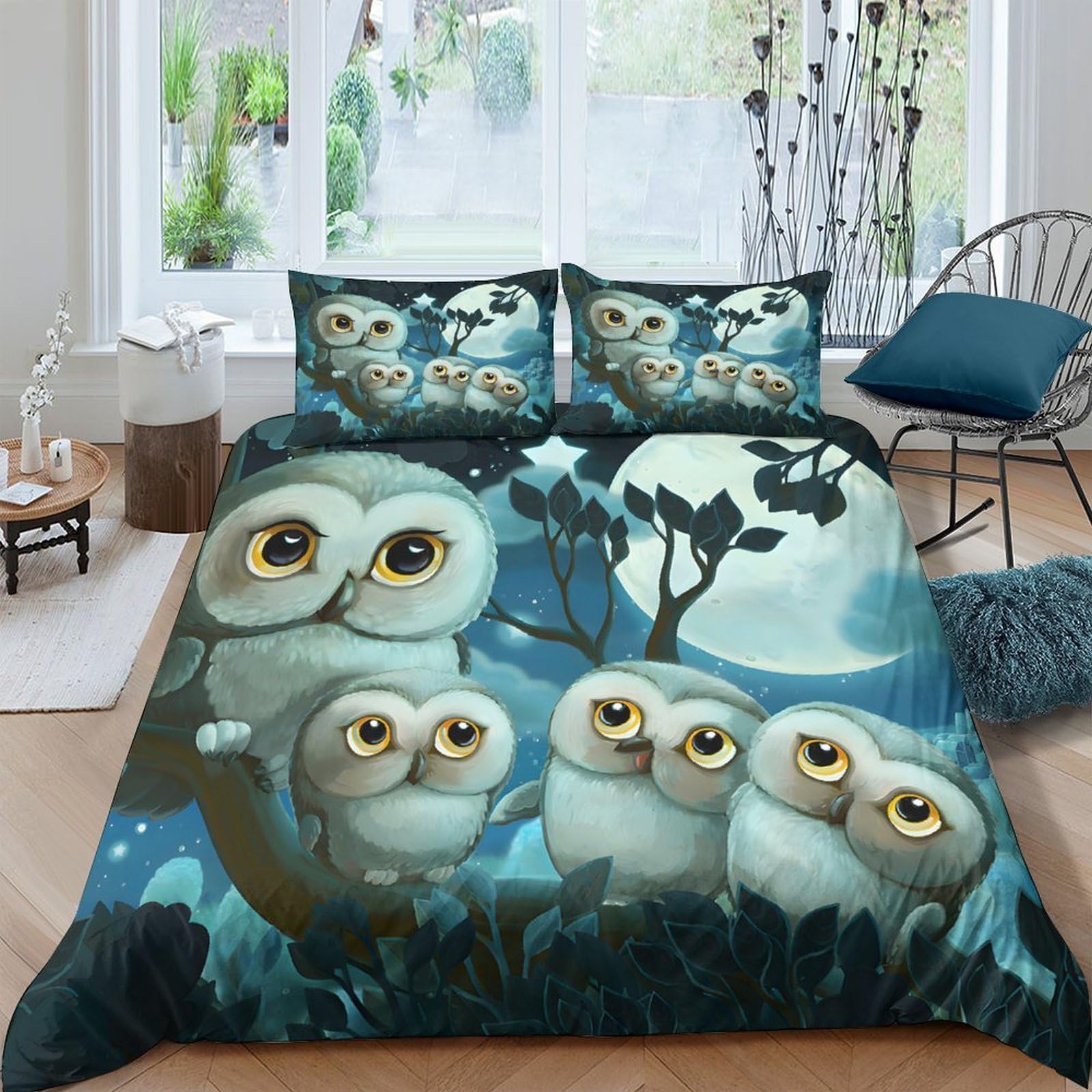 P5V6M1Q9 3D Printed Night Owl Duvet Cover Set Microfiber Soft Breathable Moon Forest Bedding Set with 2 Pillowcases for Bedroom Decor Single（135x200cm）