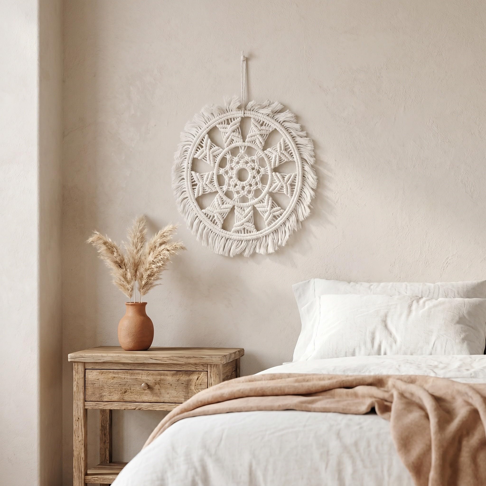 8 Szt. Częściowy Zestaw Boho Plecionych Rattanu Ręcznie Wykonane Okrągłe Kosze Ścienne z Naturalnego Rattanu Dekoracja z Frędzlami Do Salonu Sypialni i Kuchni Stylu Rustykalnym